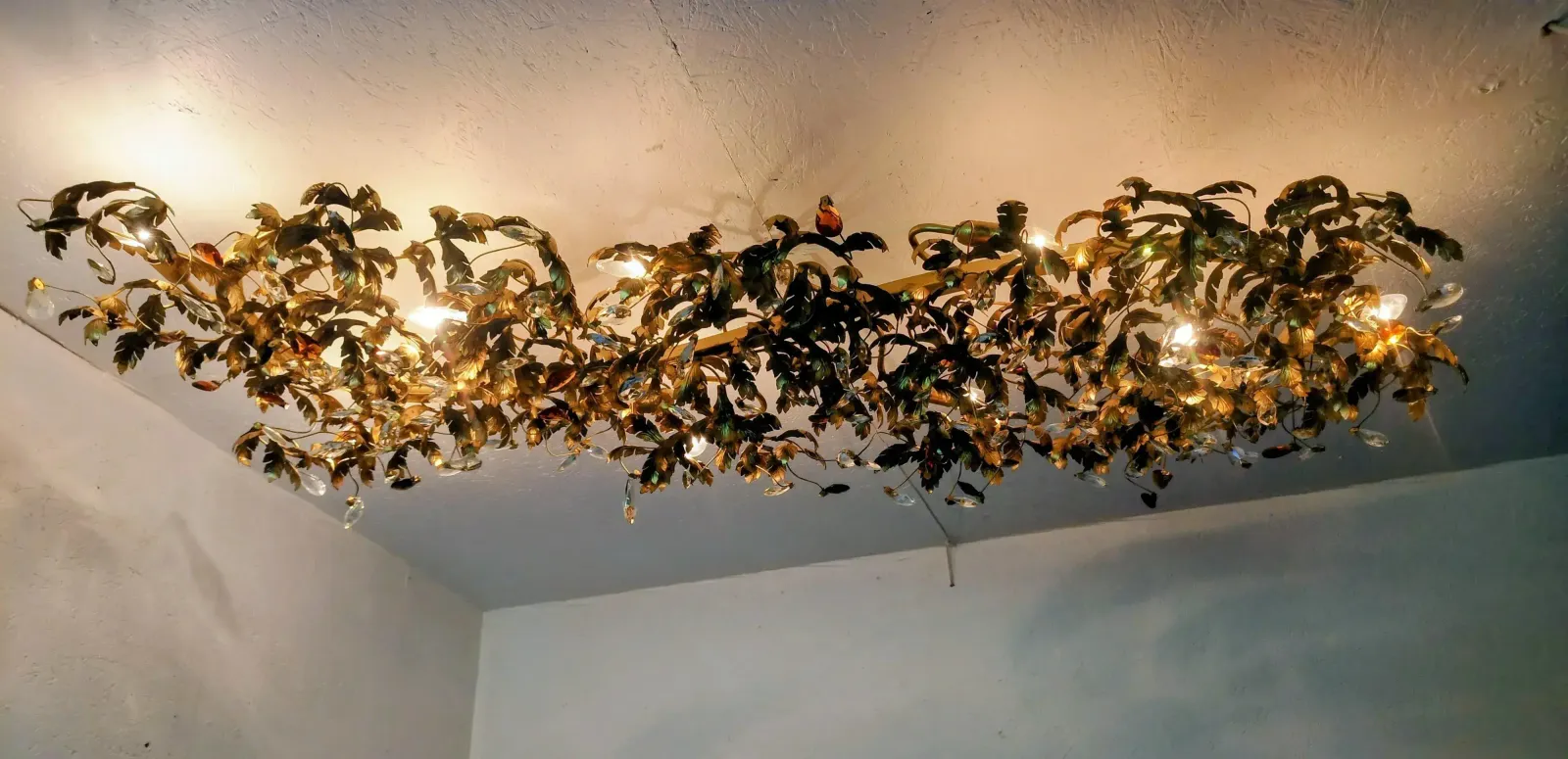 photo buy Large Monumental Wrought Iron Leaf & Crystal Rectangular Flush Mount Chandelier Hollywood Regency 1990ss