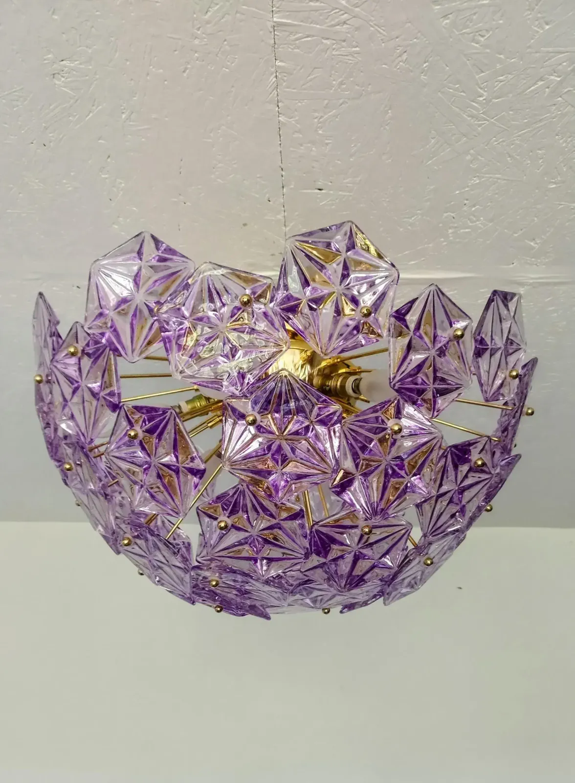 1990s Mid Century Modern Sputnik Flush Mount Chandelier Purple Diamond Cut Glass Lighting photo furniture