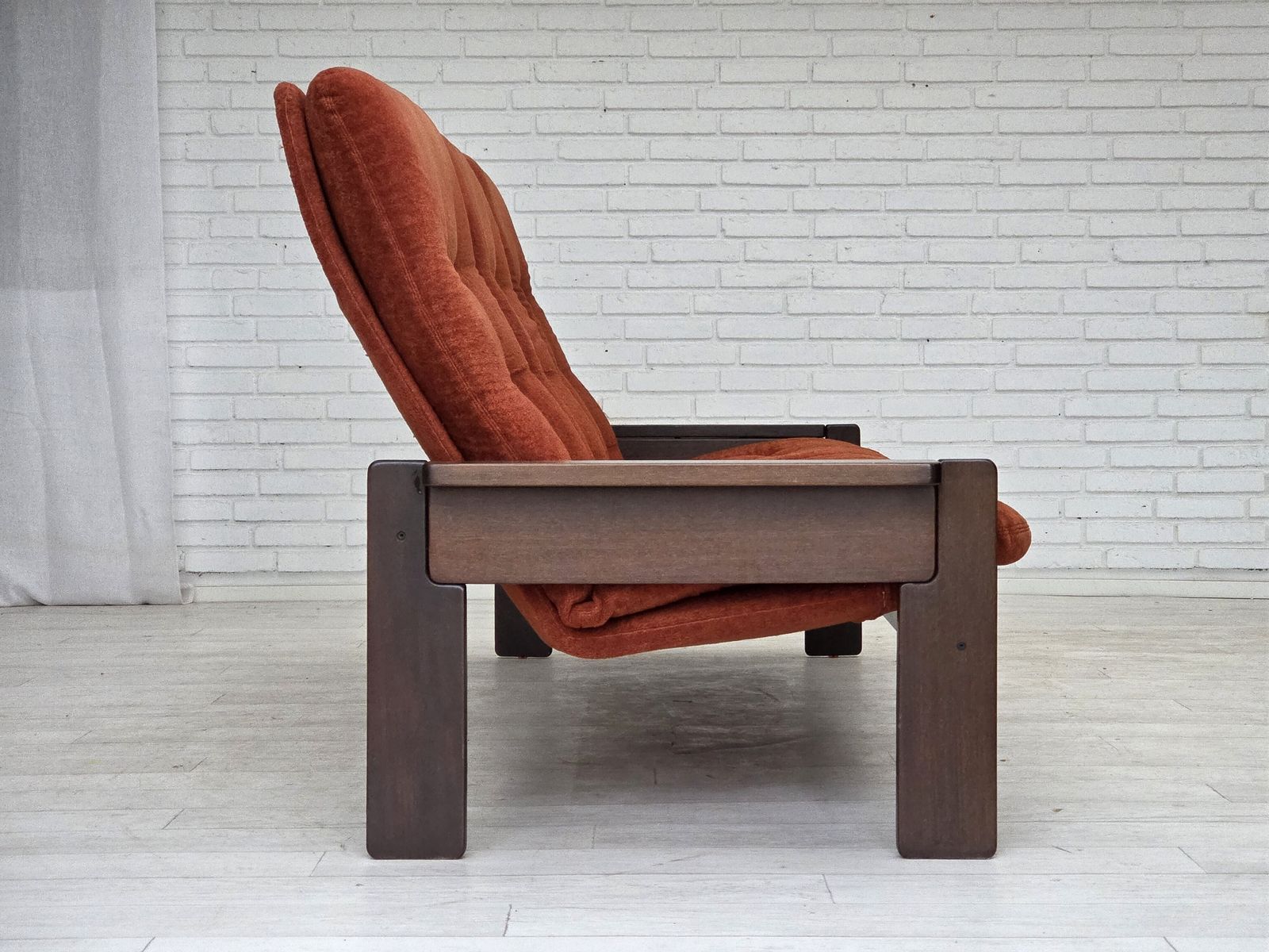 photo for sale 1970s, 3 Seater Danish Sofa, Orange/Red Furniture Velour, Oak Wood.