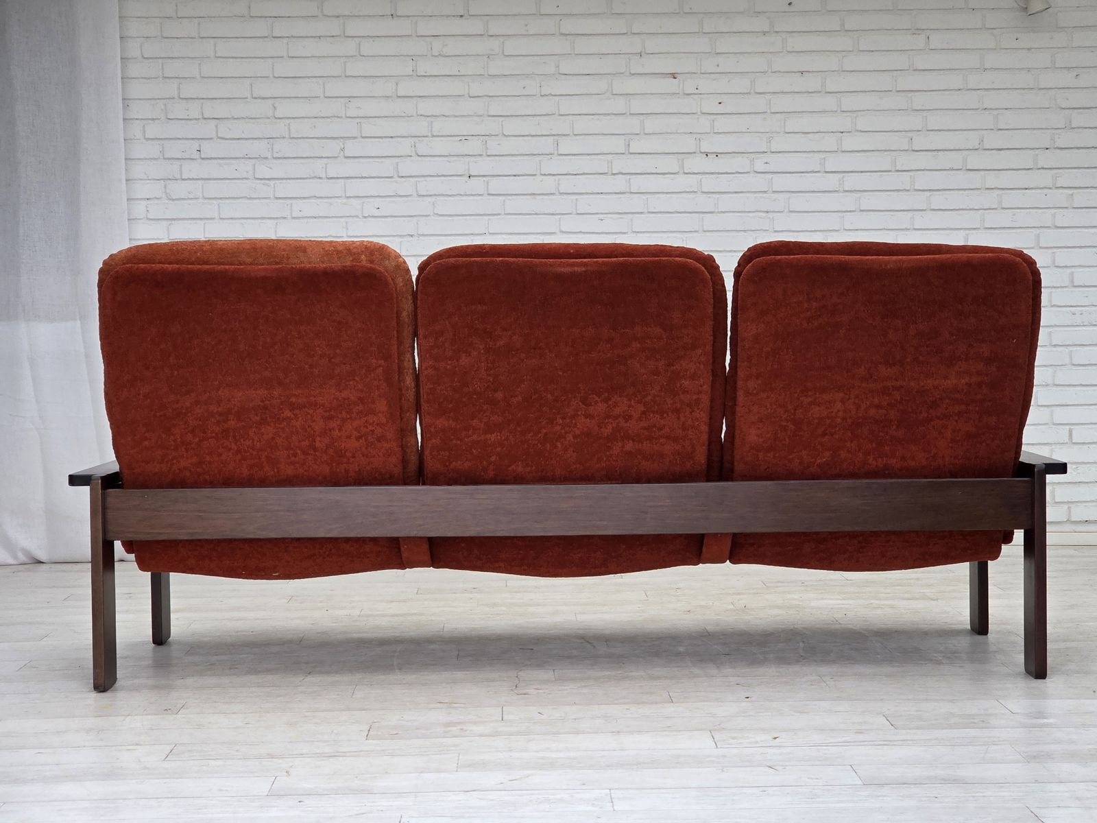 Furniture 1970s, 3 Seater Danish Sofa, Orange/Red Furniture Velour, Oak Wood. photo