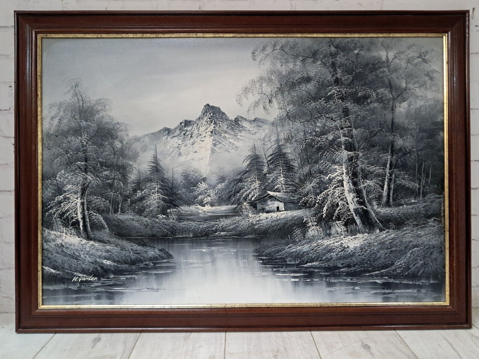 Large Oil Painting Black & White Winter Landscape On Canvas H Gamlen 1980 Framed