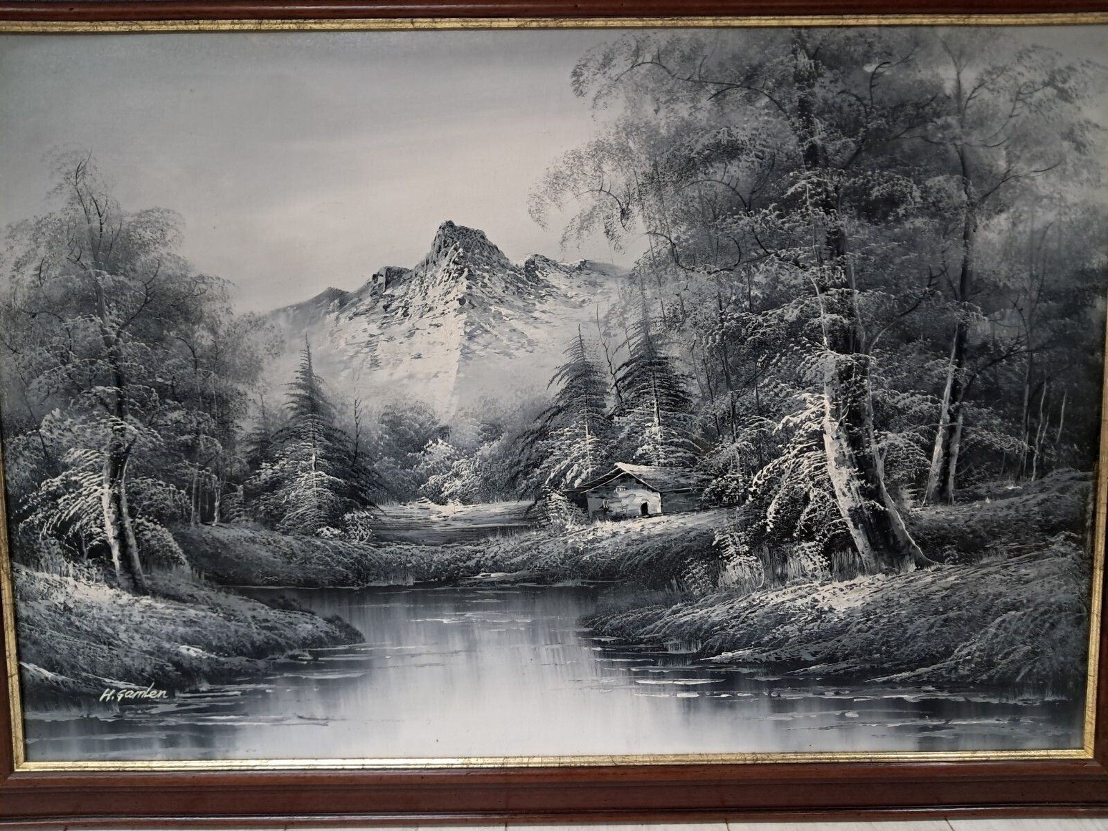 Large Oil Painting Black & White Winter Landscape On Canvas H Gamlen 1980 Framed photo Art