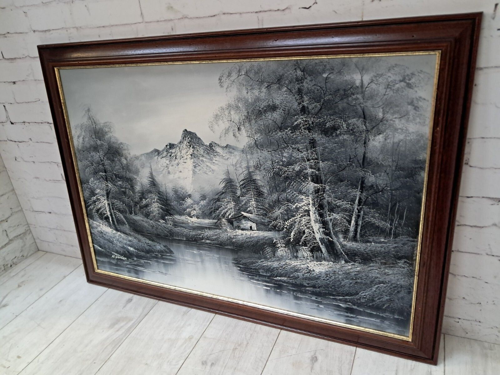 Large Oil Painting Black & White Winter Landscape On Canvas H Gamlen 1980 Framed photo for sale