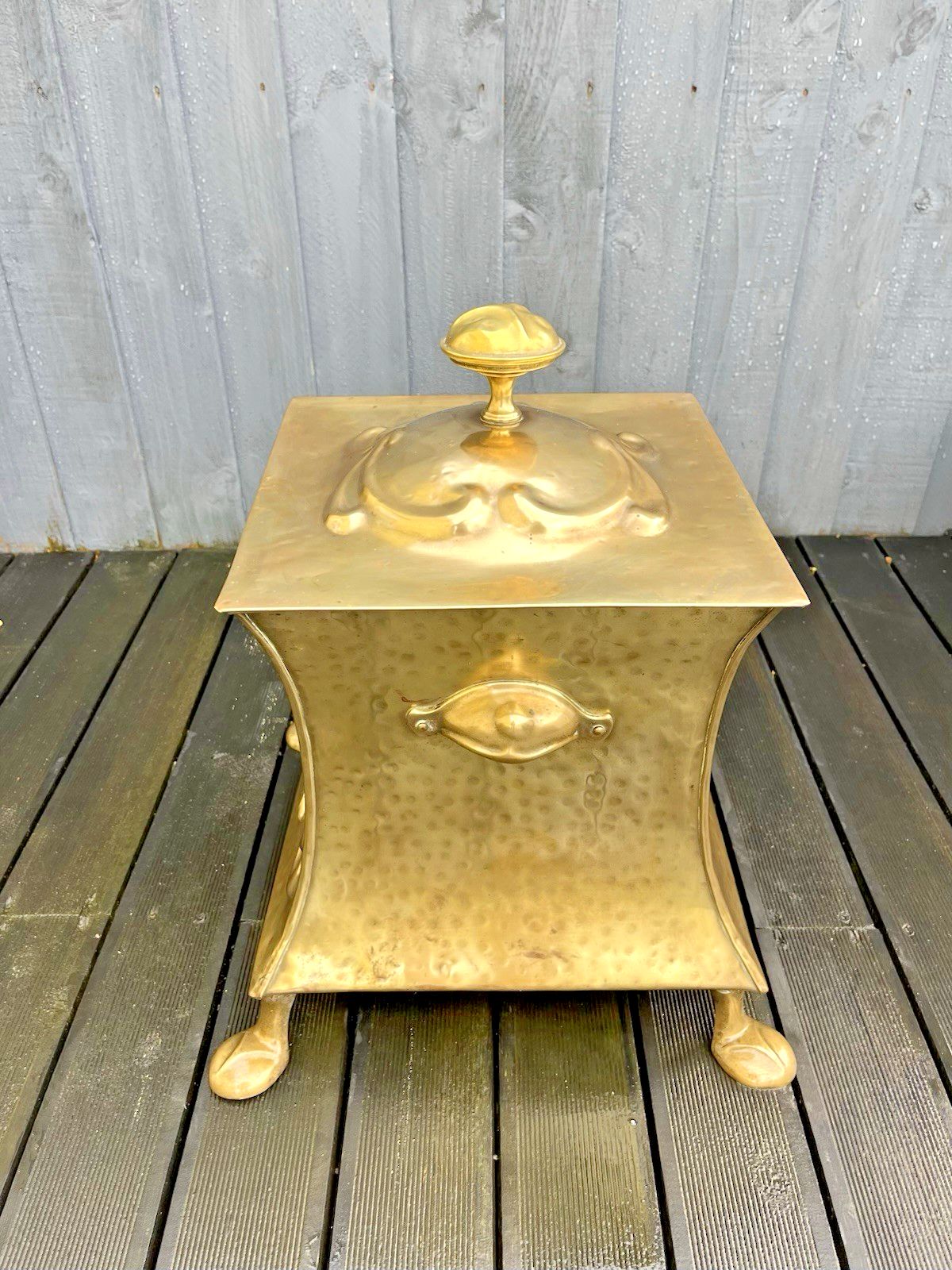 photo for sale Antique Art Nouveau Floral Brass Beaten Riveted Coal Box Scuttle Bucket Log Bin