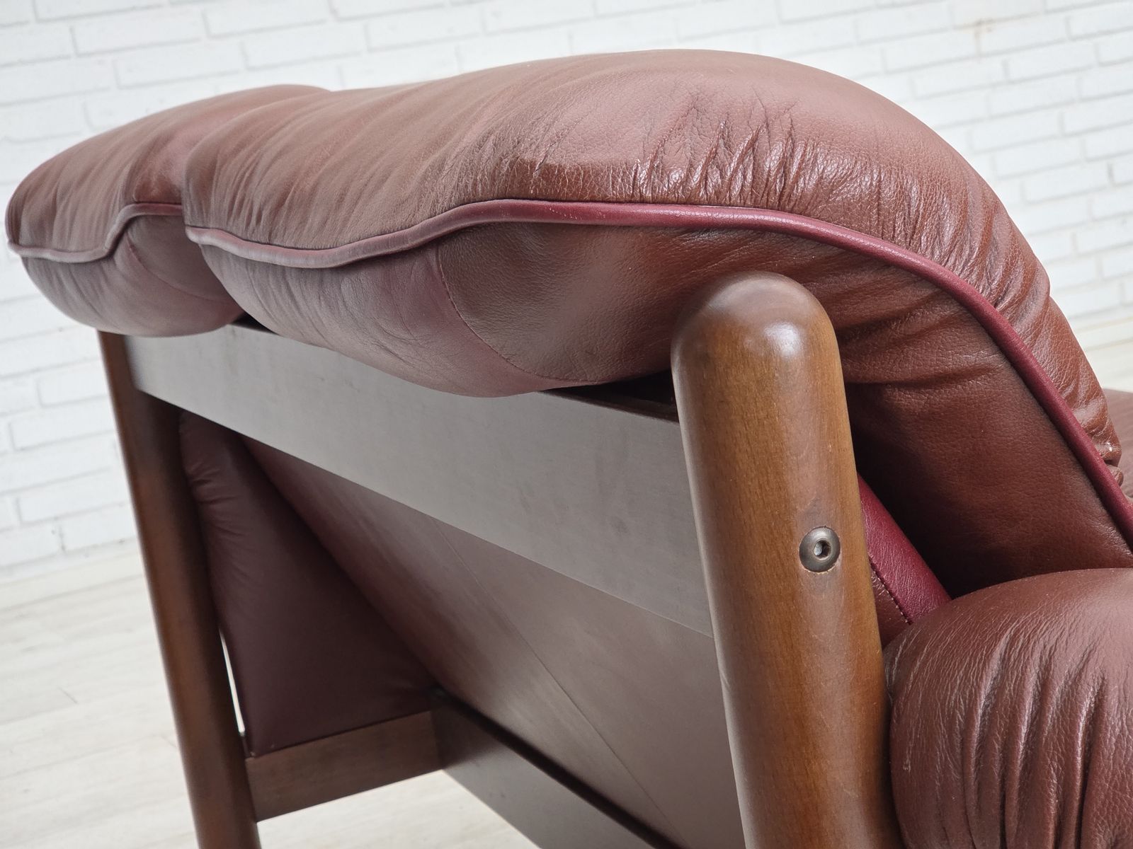 1970s, 2 Seater Swedish Sofa, Brown Leather With Patina, Dark Beech Wood. photo Furniture