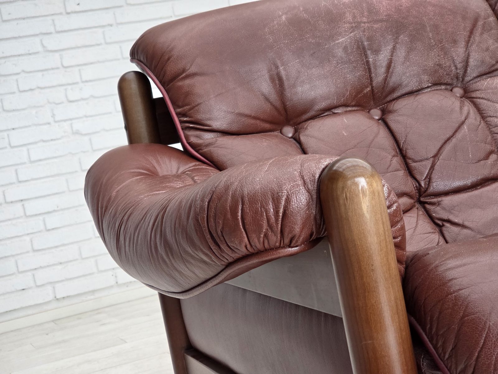 1970s, 2 Seater Swedish Sofa, Brown Leather With Patina, Dark Beech Wood. photo buy
