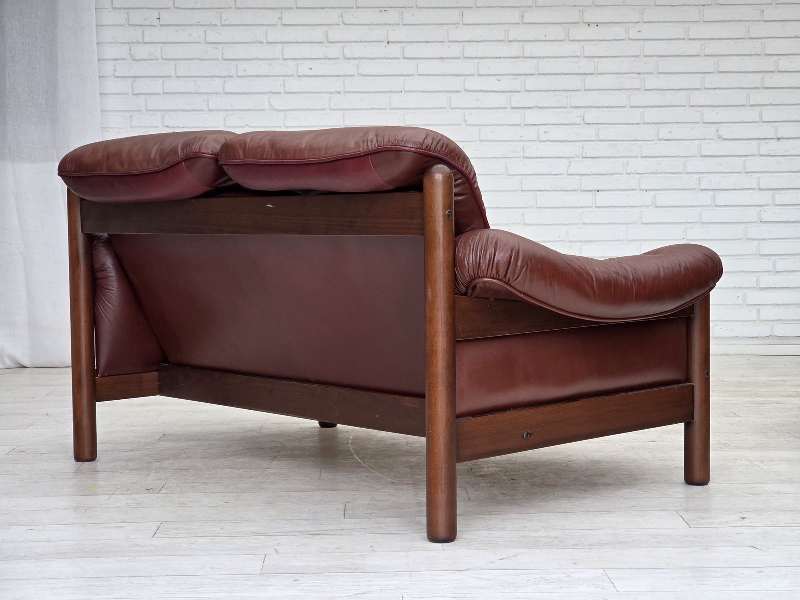 photo furniture 1970s, 2 Seater Swedish Sofa, Brown Leather With Patina, Dark Beech Wood.
