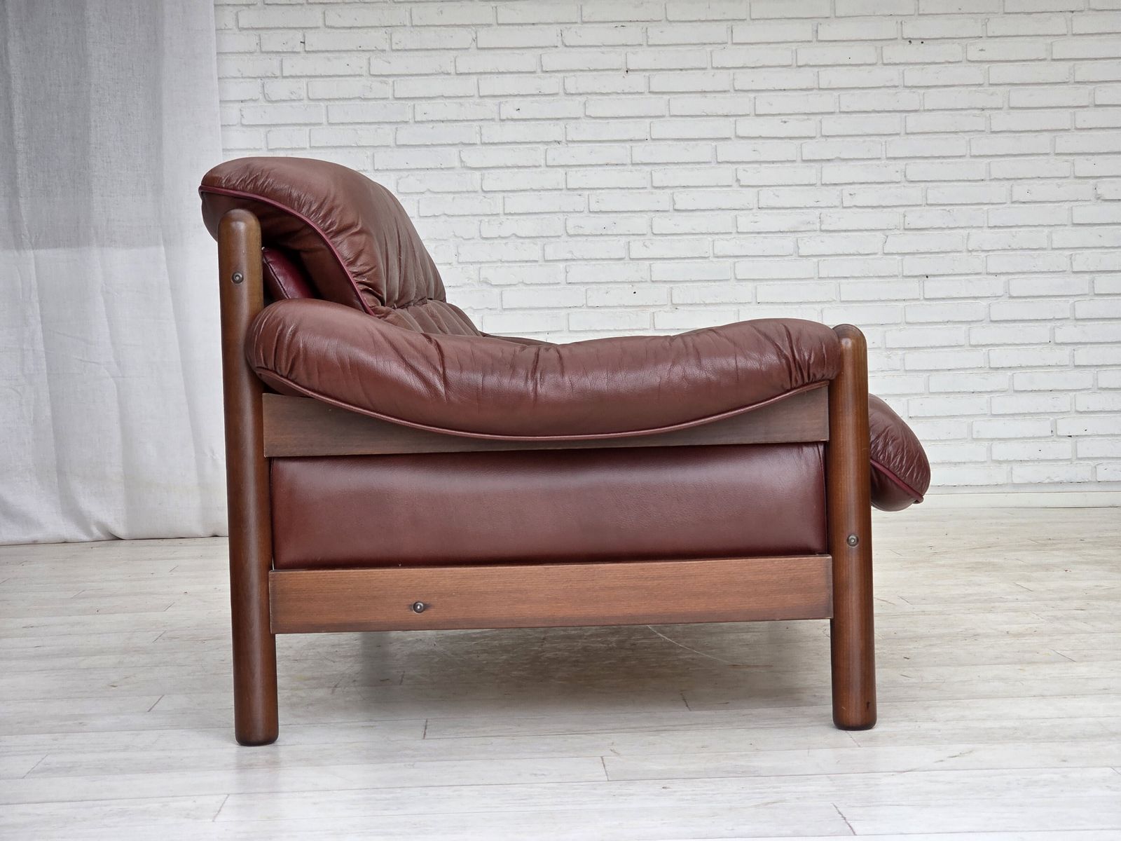 photo buy 1970s, 2 Seater Swedish Sofa, Brown Leather With Patina, Dark Beech Wood.