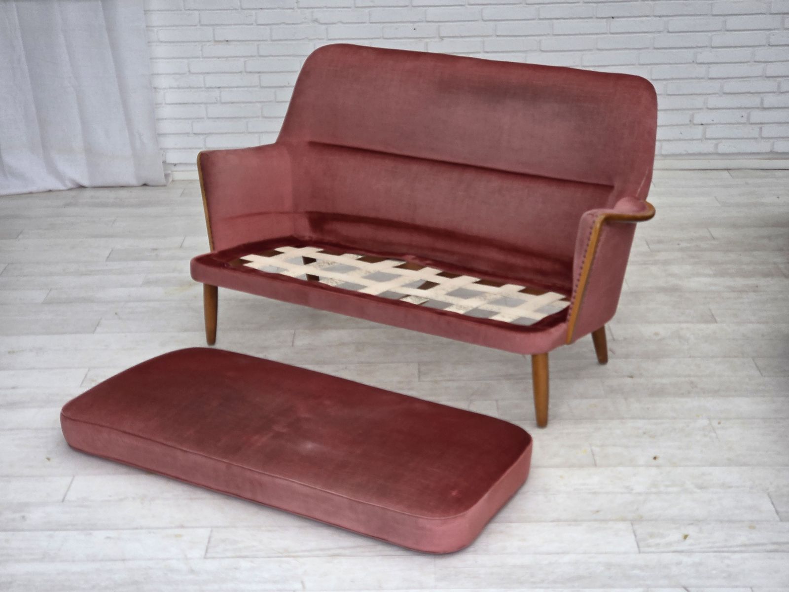 1970s, 2 Seater Swedish Sofa, Pink Furniture Velour, Beech Wood. photo furniture