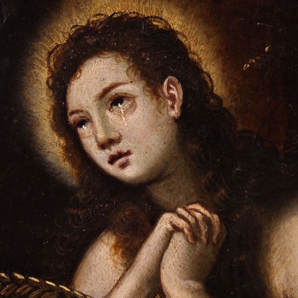 photo vinterior Antique 17th Century Copper Painting, Penitent Magdalene