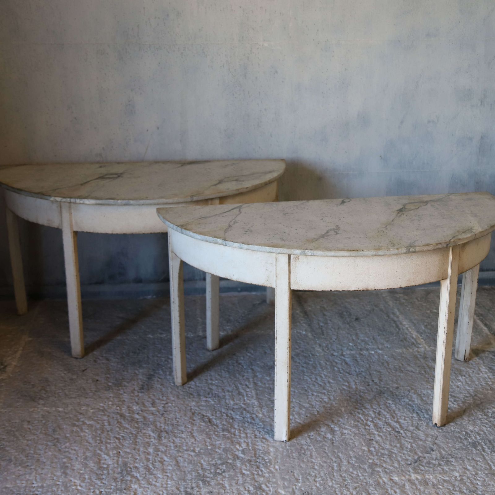​​​​​​​Pair Of Stylish Antique Georgian Demi Lune Console Tables With Marlborough Legs photo buy