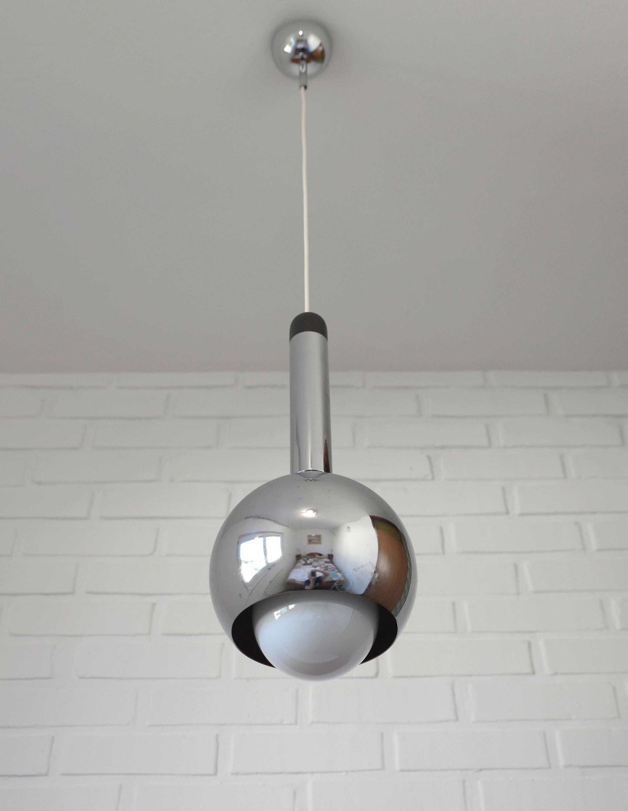 Vintage Pendant Light / Mcm Hanging Lamp / Mid Century Modern / Minimalist Chrome Lighting photo furniture