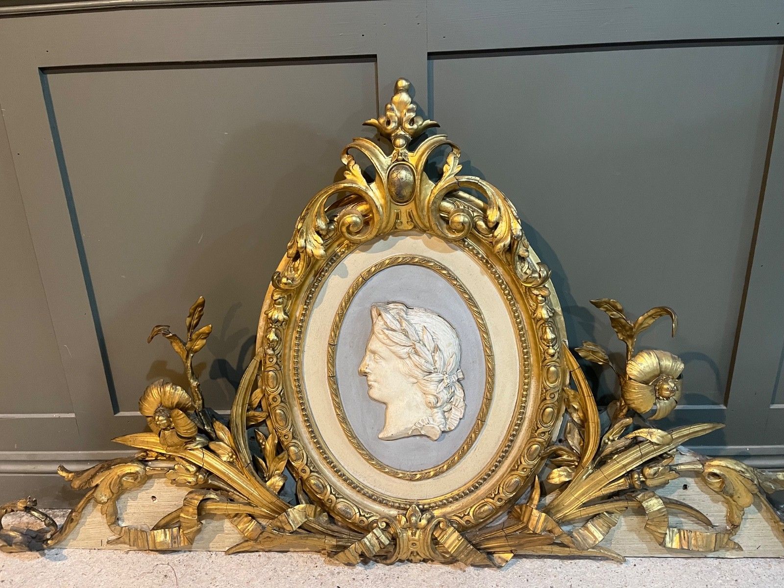 1100.0 Antique Pediment Gilded Carved Wood With Plaster/Gesso Insert 1800’s photo