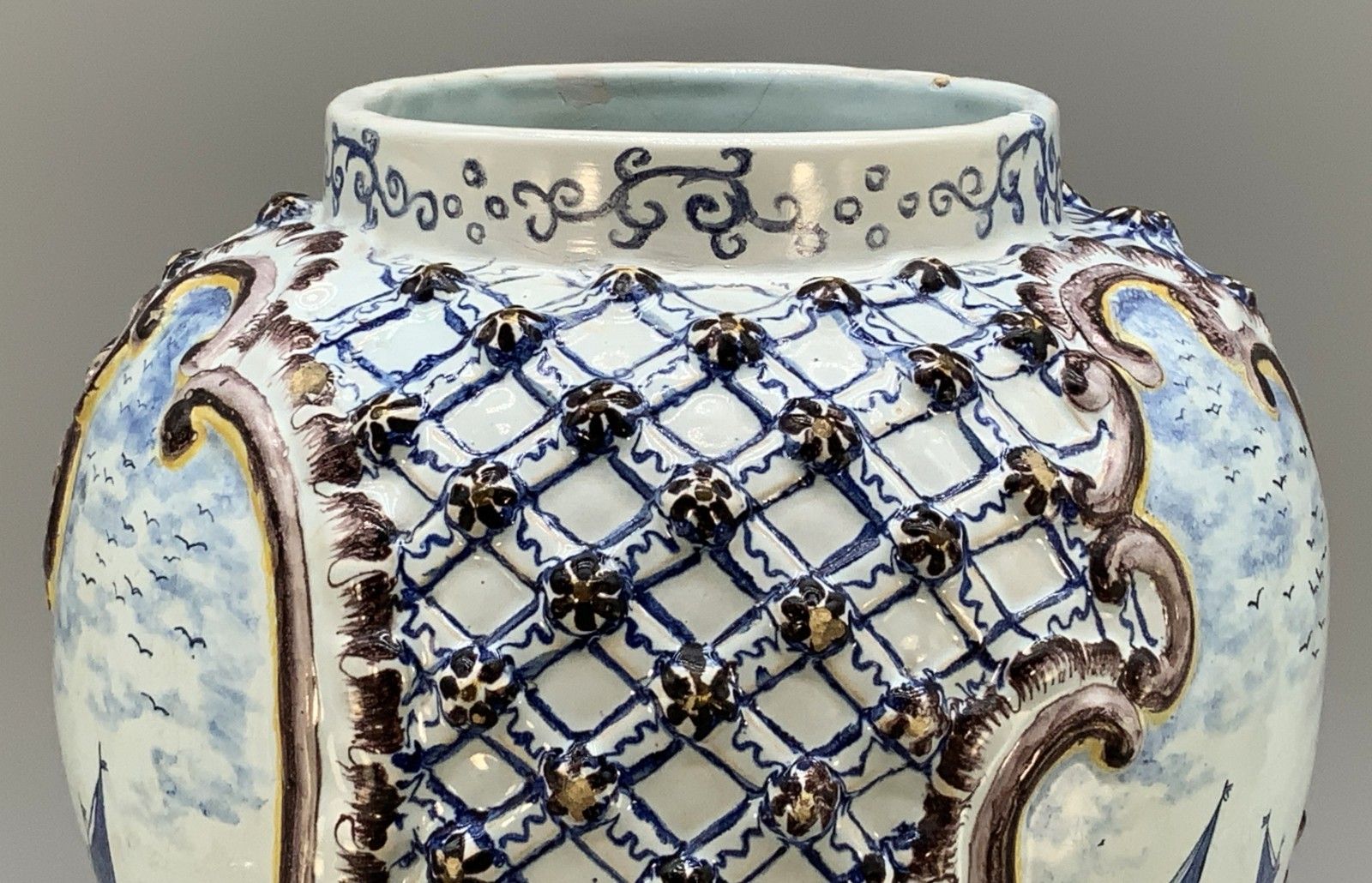 Large Superb 19thc Dutch Style French Faience Delft Manganese Blue & White Vase photo vintage