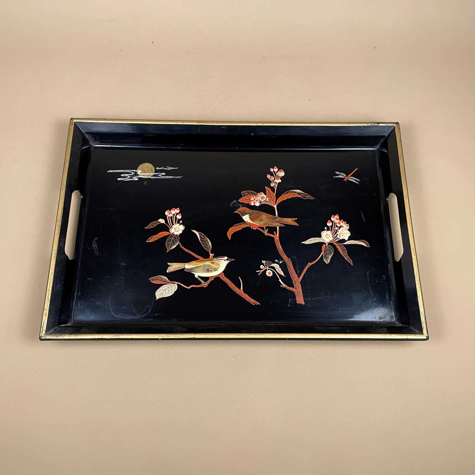 Japanese Lacquered Wood Tray Rectangle Floral Bird Design Oriental Black Decorative Asian Serving Tray Antique Vintage Display photo furniture