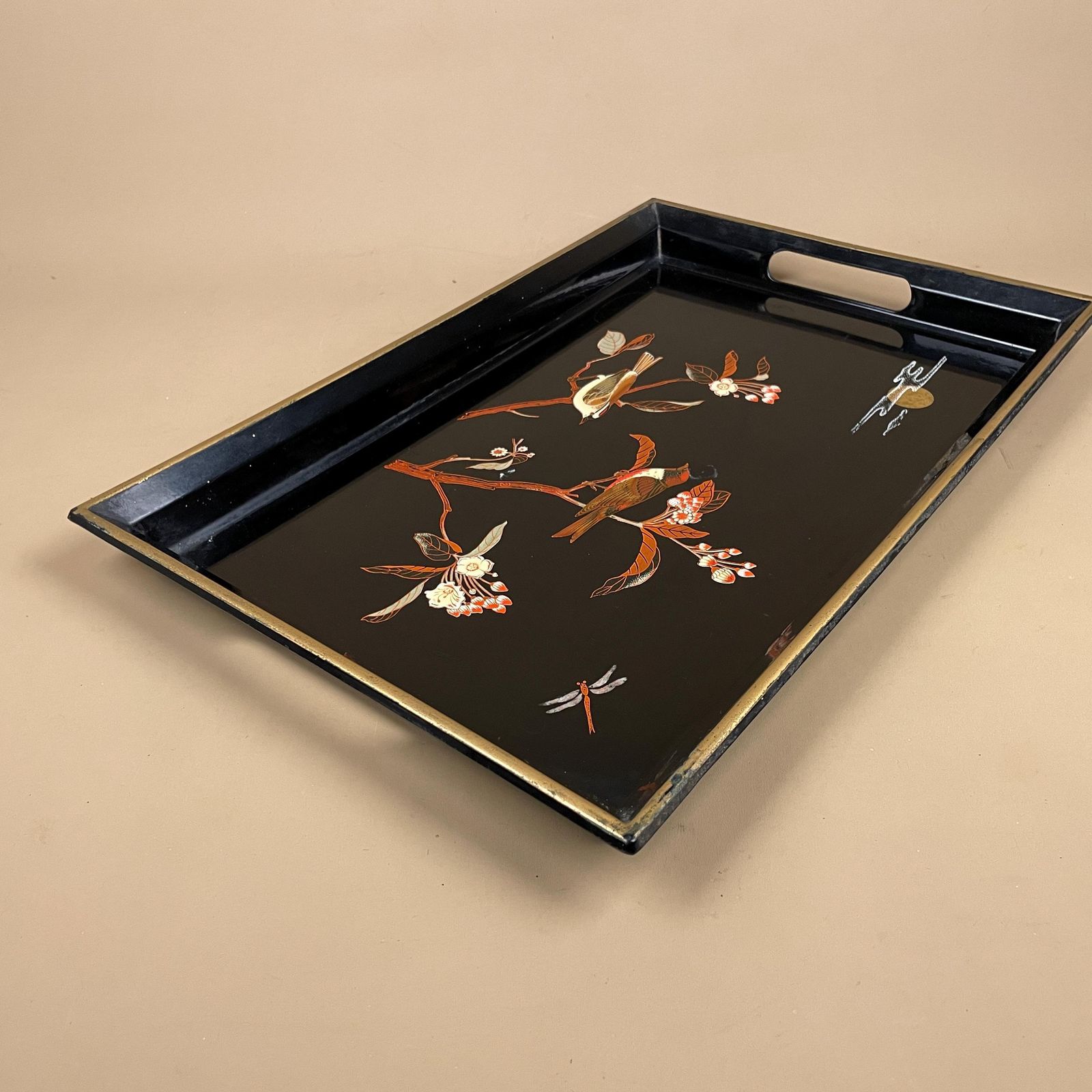 Japanese Lacquered Wood Tray Rectangle Floral Bird Design Oriental Black Decorative Asian Serving Tray Antique Vintage Display photo buy