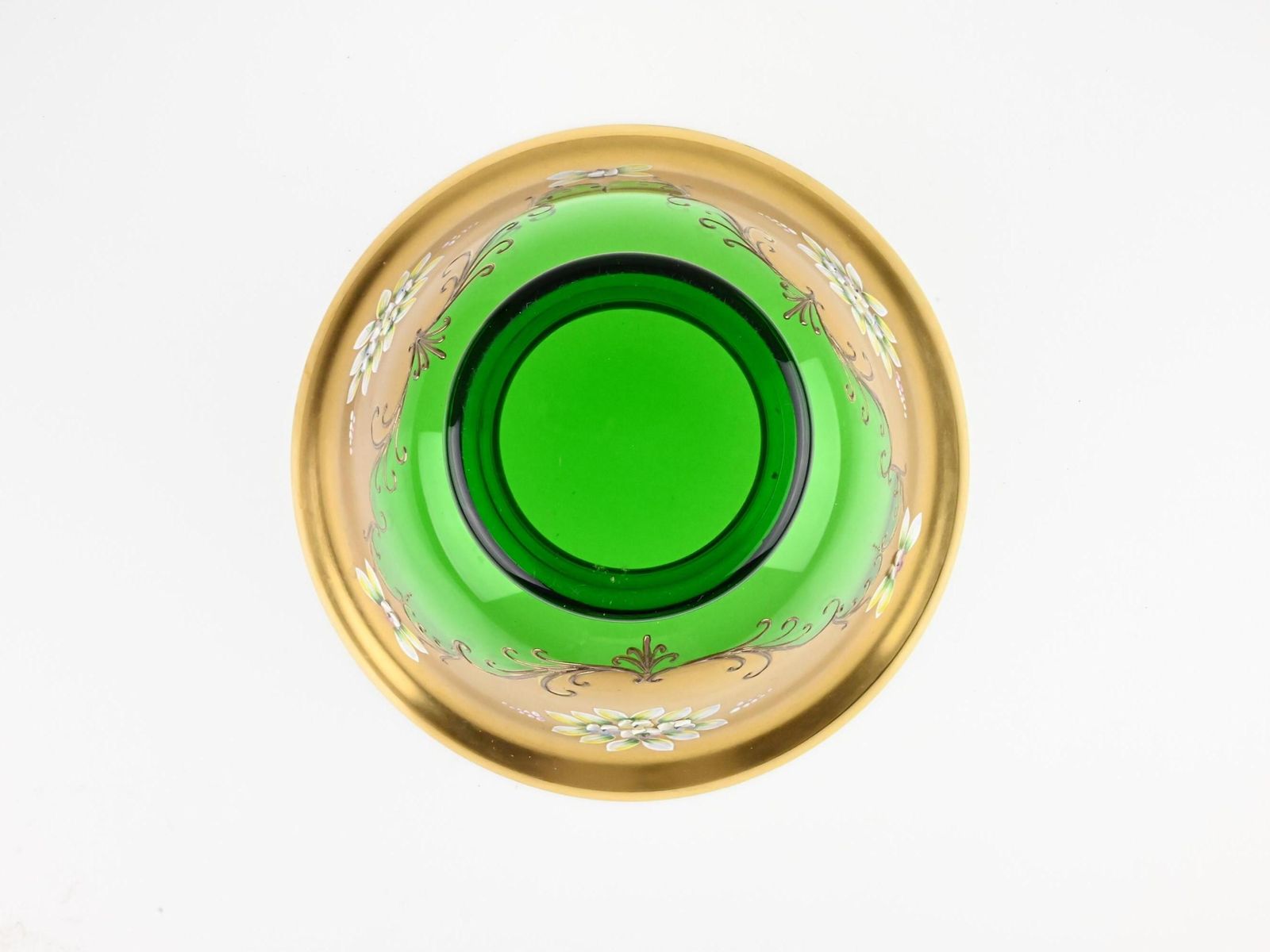 24k Gold Plated Glass Bowl, Glass Bowl, Green Glass Bowl, Gold Bowl, Bohemian Glass, Czech Glass Bowl, Enameled Bowl, Hand Painted Bowl photo vintage
