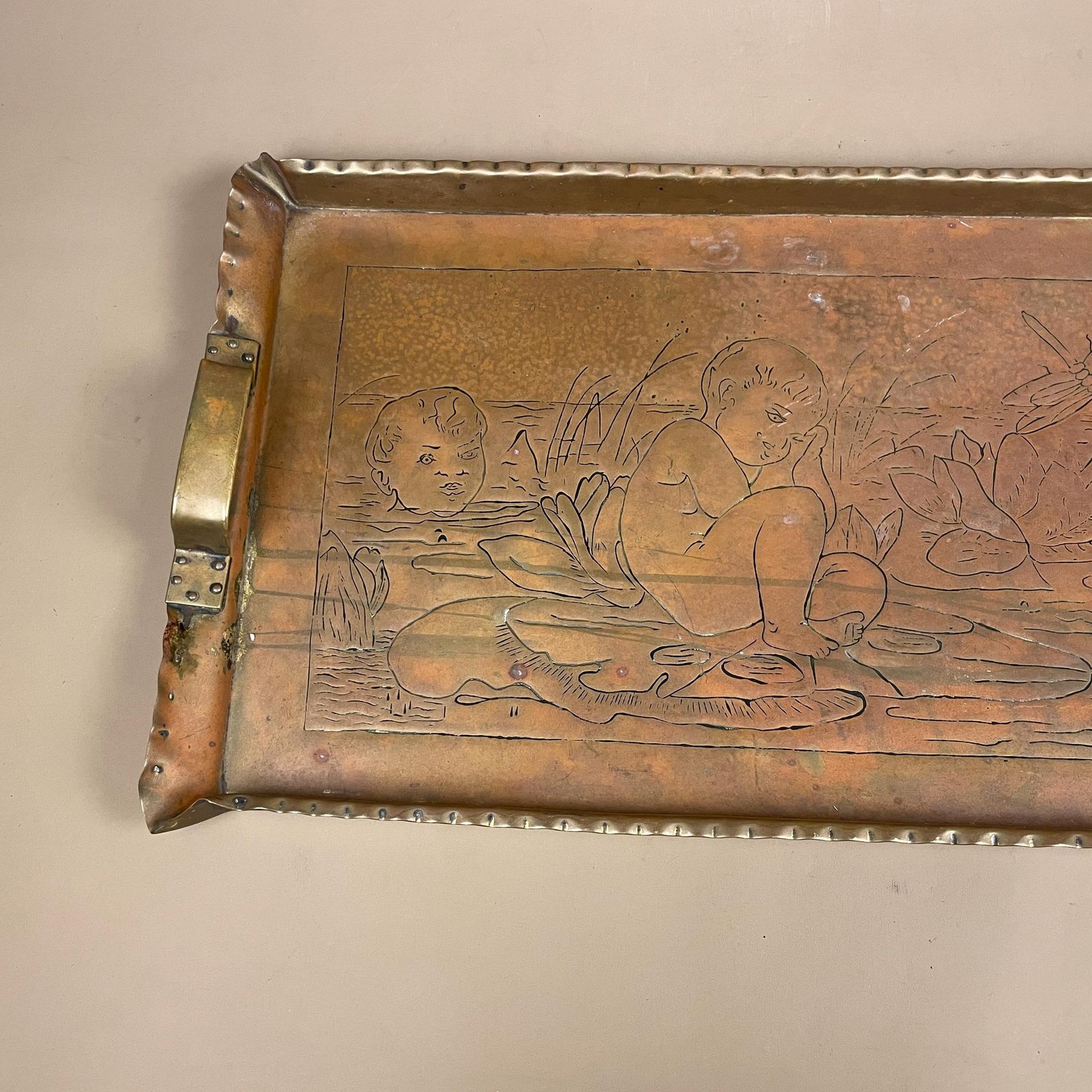 Antique Copper Metal Rectangle Tray Patterned Brass Handles 63x30cm Water Babies Scenic Handmade Decorative Arts & Crafts Vintage Display photo buy