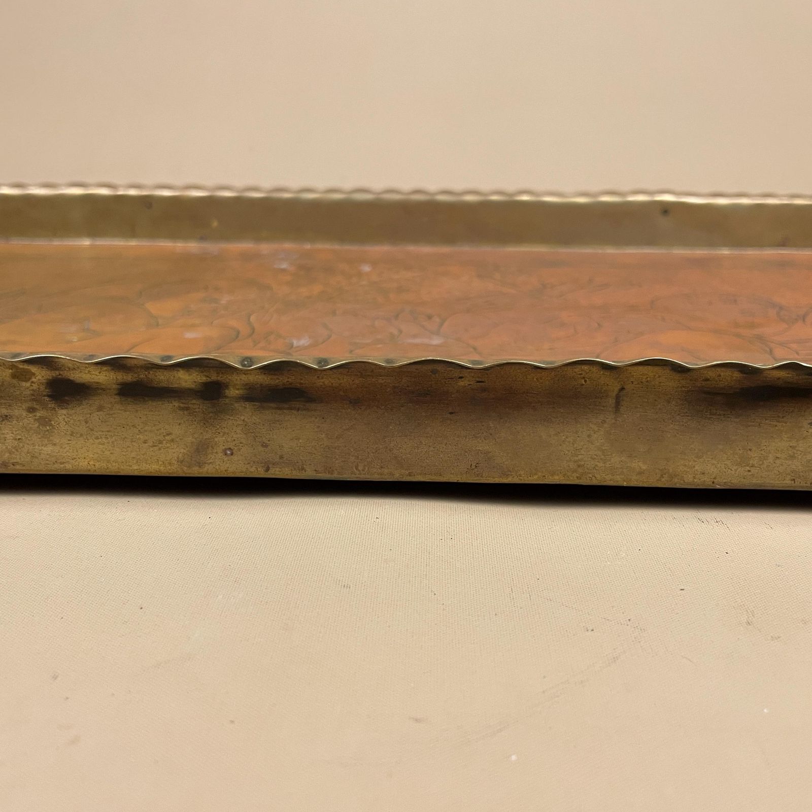 photo for sale Antique Copper Metal Rectangle Tray Patterned Brass Handles 63x30cm Water Babies Scenic Handmade Decorative Arts & Crafts Vintage Display