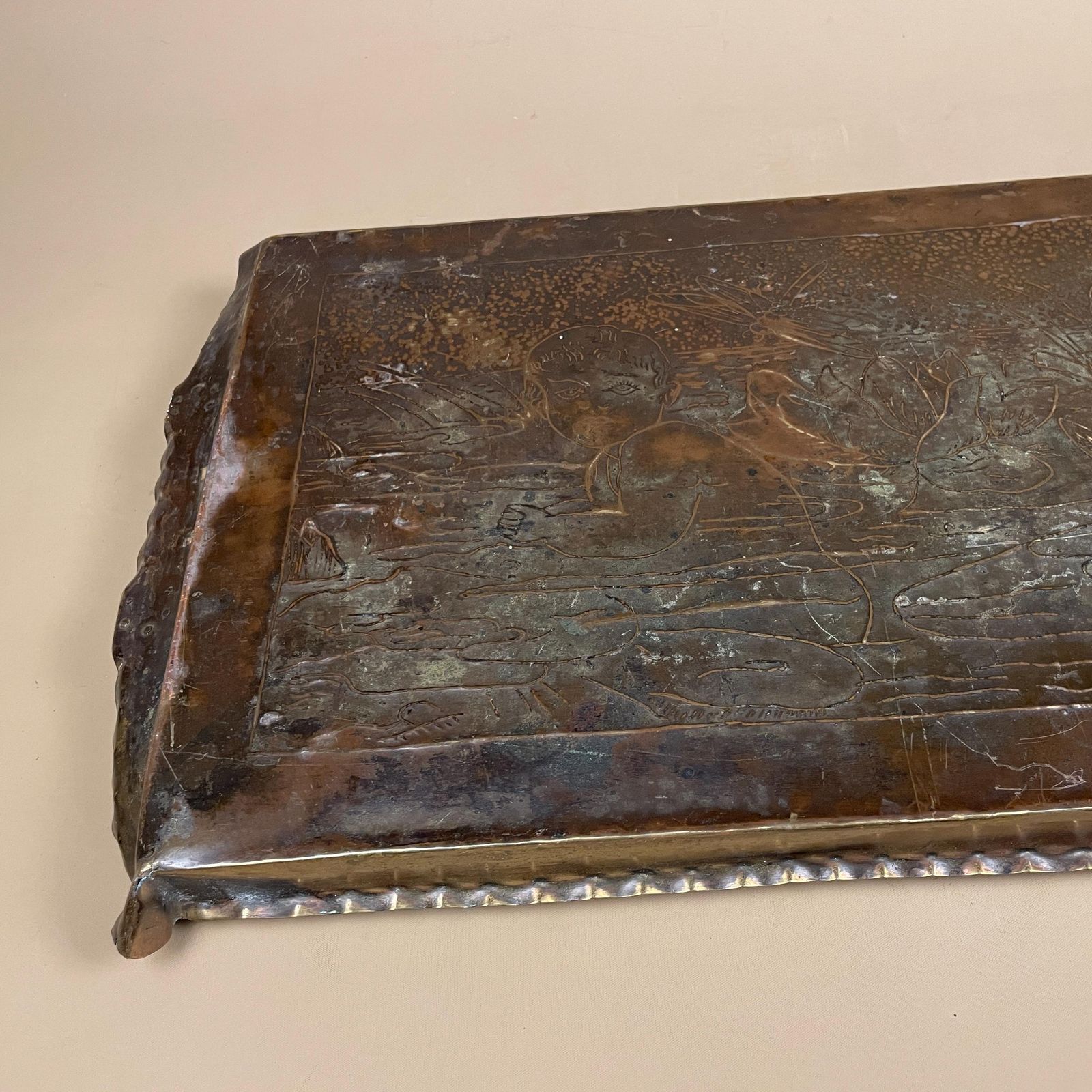 photo buy Antique Copper Metal Rectangle Tray Patterned Brass Handles 63x30cm Water Babies Scenic Handmade Decorative Arts & Crafts Vintage Display