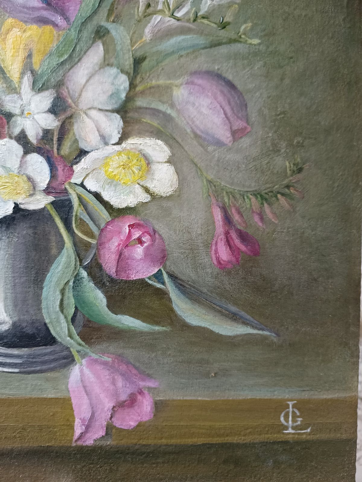 Original Floral Oil Painting Still Life Study Wild Flowers Artist Monogram L G . photo vinterior