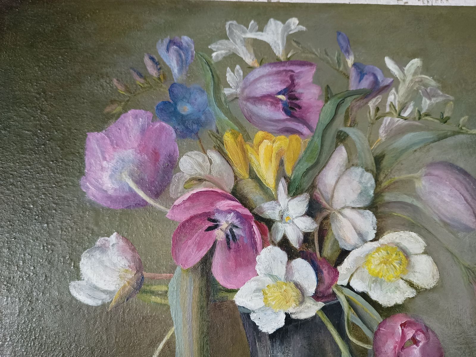 Original Floral Oil Painting Still Life Study Wild Flowers Artist Monogram L G . photo vintage