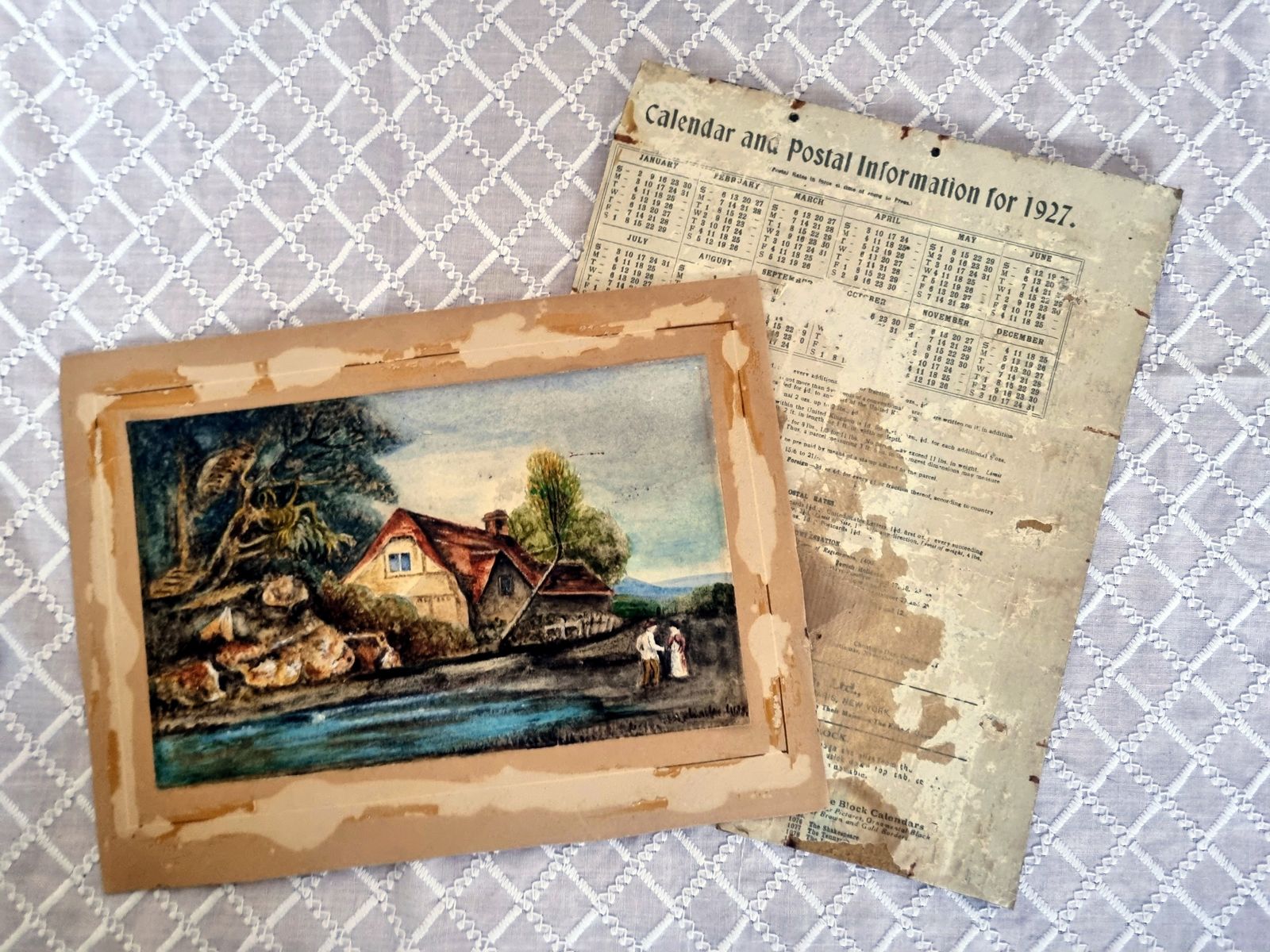 Antique English Landscape Painting, Original Framed Artwork On Paper, Village Scene With River photo 255.0