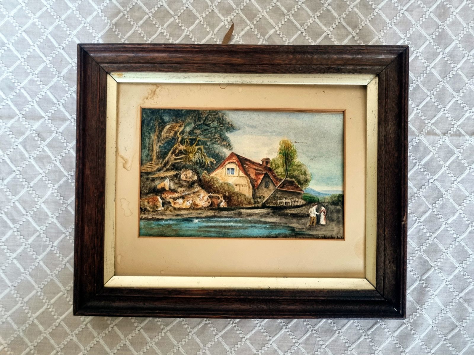 Antique English Landscape Painting, Original Framed Artwork On Paper, Village Scene With River