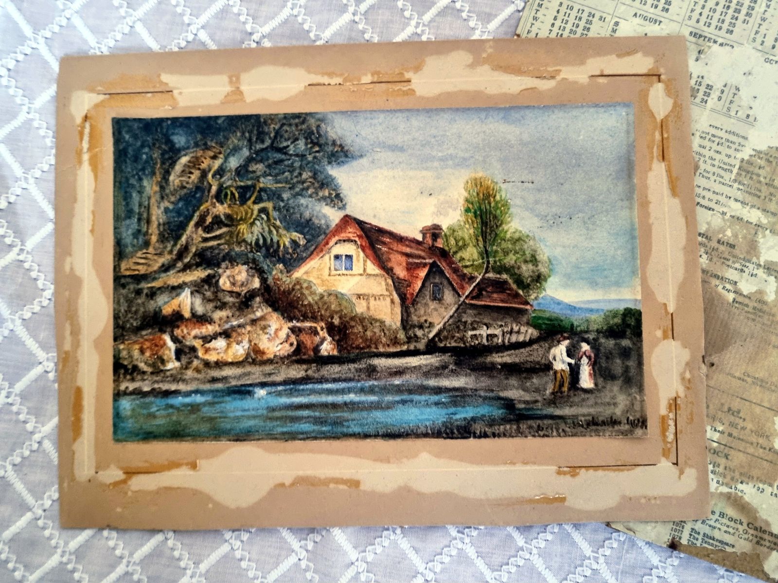 photo furniture Antique English Landscape Painting, Original Framed Artwork On Paper, Village Scene With River