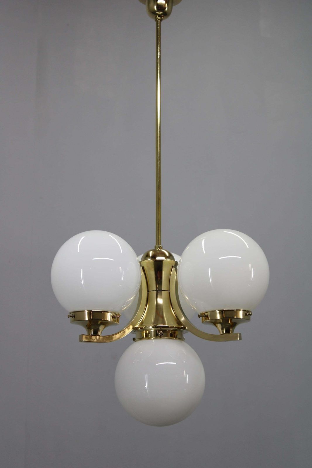 Art Deco Brass Chandelier With Opaline Glass, Czechoslovakia, 1930s photo furniture
