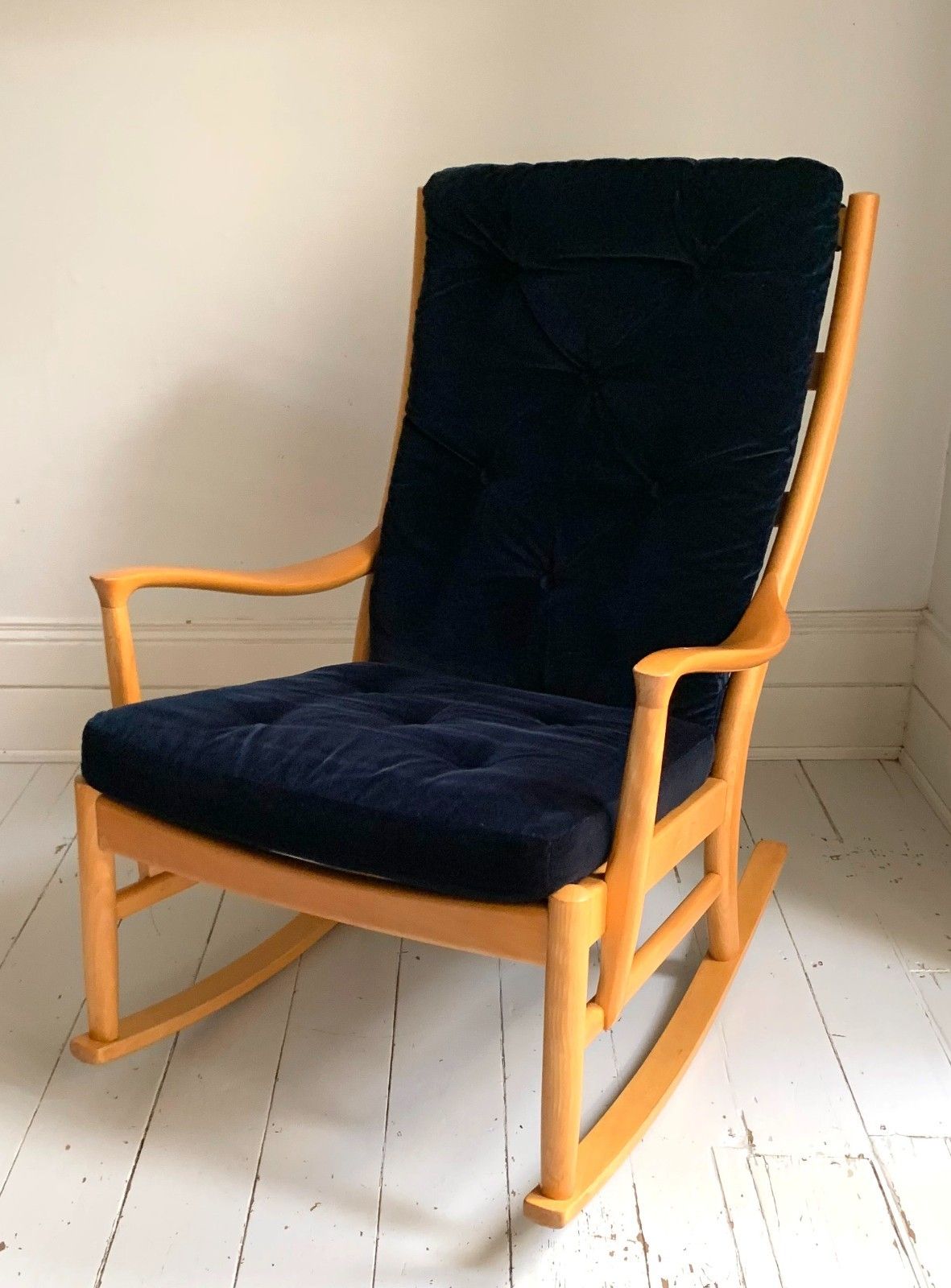 Mid Century Parker Knoll Florian Rocking Chair W/ Beech Frame, Midnight Blue Velvet Cushions photo buy