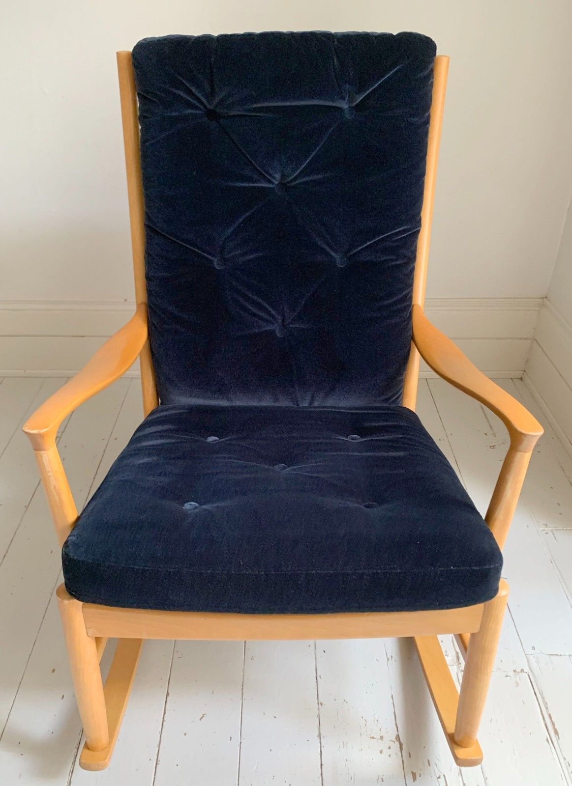 Mid Century Parker Knoll Florian Rocking Chair W/ Beech Frame, Midnight Blue Velvet Cushions photo vintage