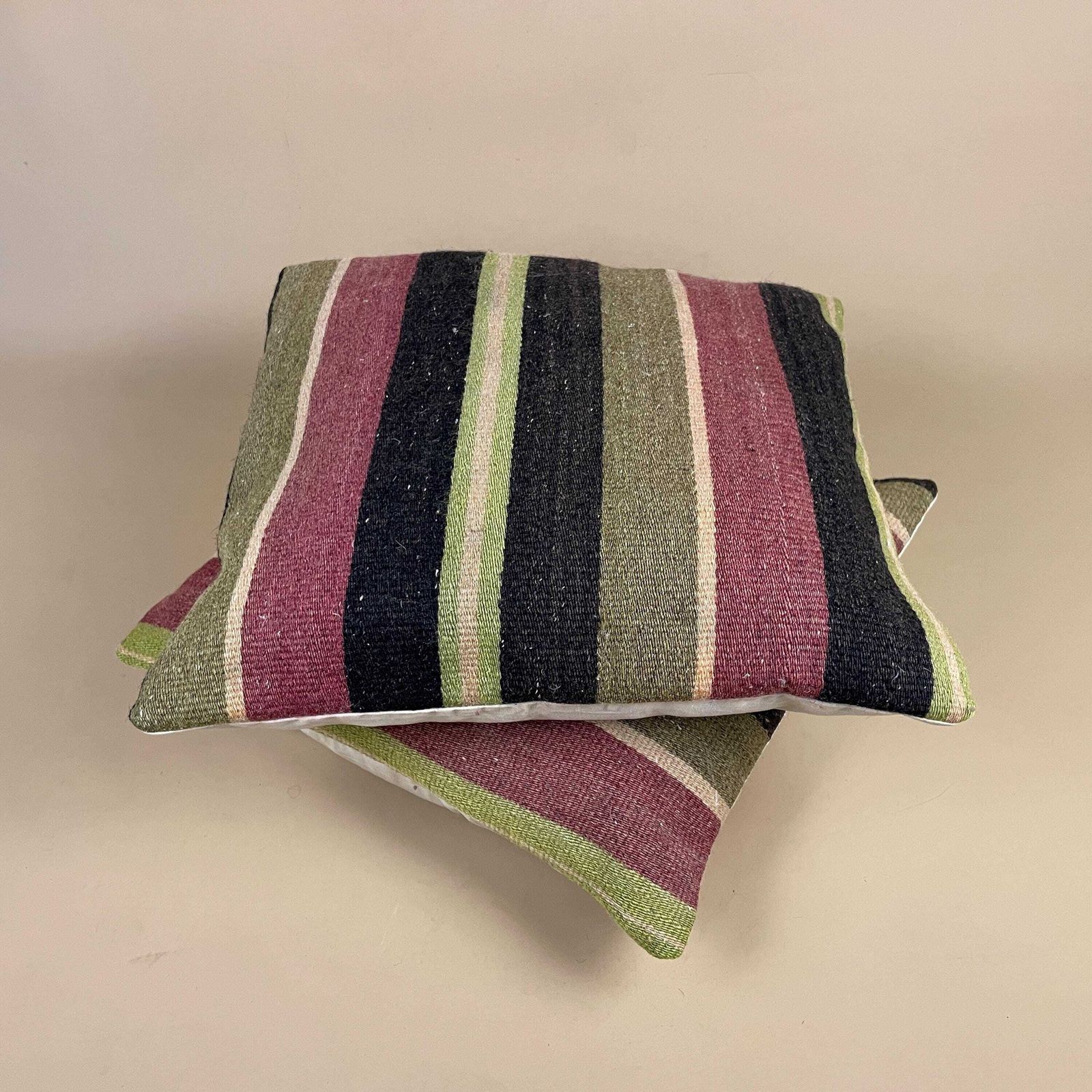 Set Of 2 Vintage Moroccan Wool Woven Cushion Scatter Pillow Kilim Green Striped Pattern Antique Cushions 39x39cm Bolster Throw Decorative photo for sale