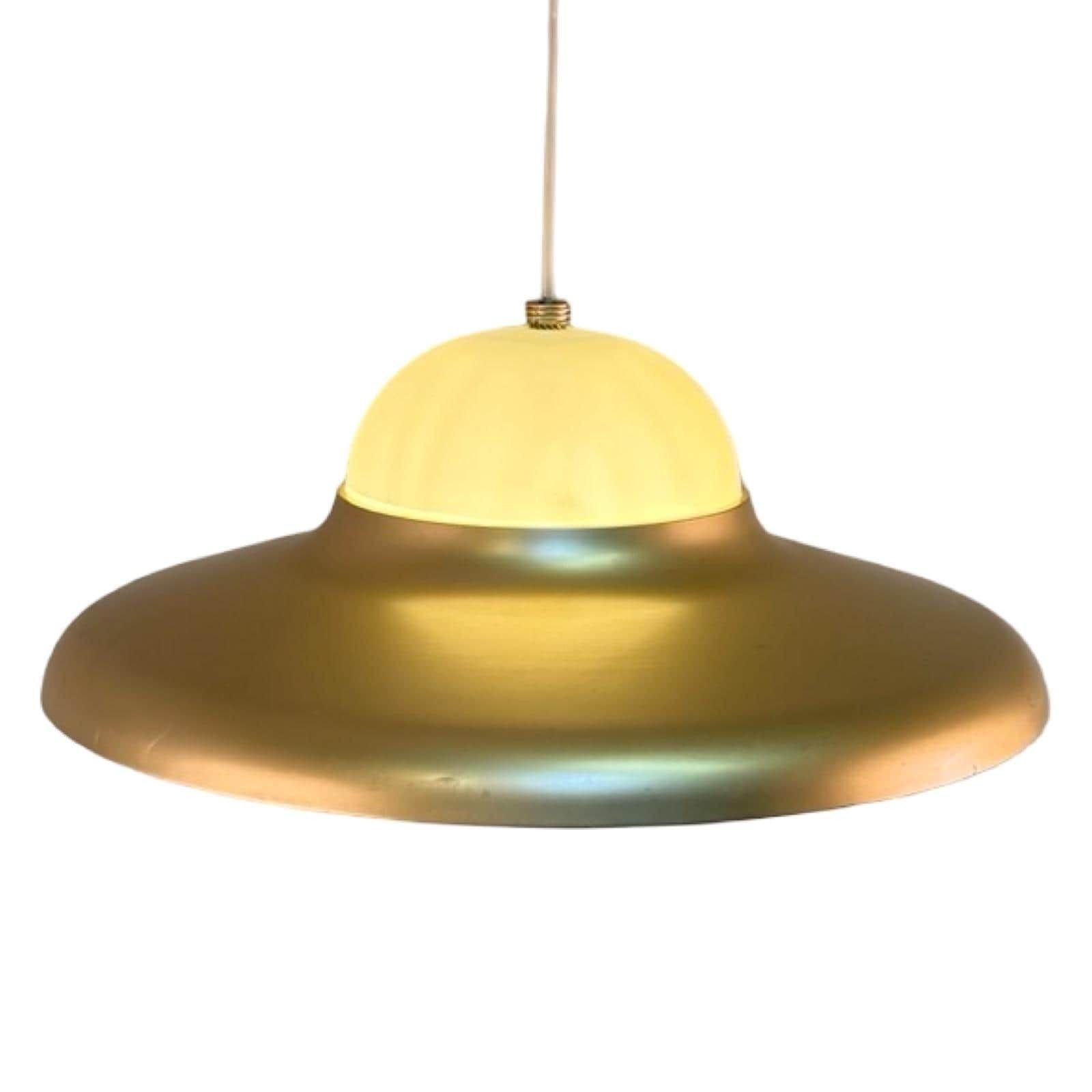 Approx. 1970's   Scandinavian   Pedant Lamp / Ceiling Mounted   Gold Colored Metal Brim And Plastic Insert photo 180.0