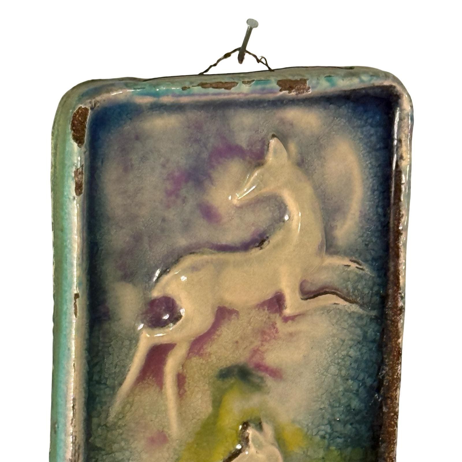Approx. 1970's   Glazed Ceramic   Wall Plaque In Vibrant Colors   Depicting Three Deer photo furniture