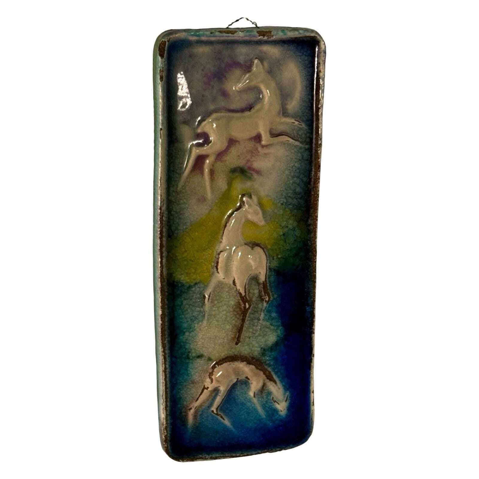 Approx. 1970's   Glazed Ceramic   Wall Plaque In Vibrant Colors   Depicting Three Deer photo 112.0