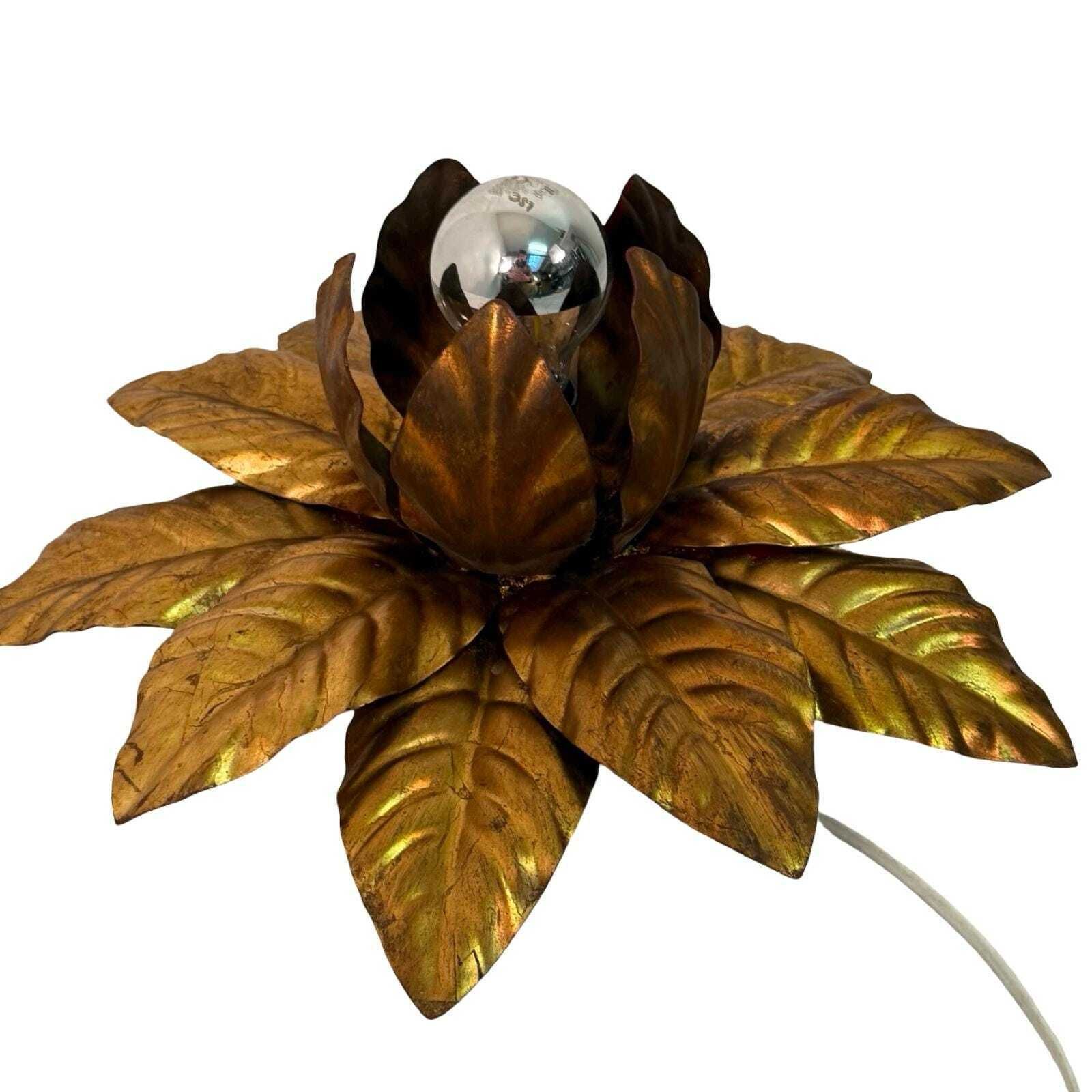 French Made   Sunburst   Hollywood Regency   Wall Or Ceiling Lamp With Golden Leaf Motif photo Lighting