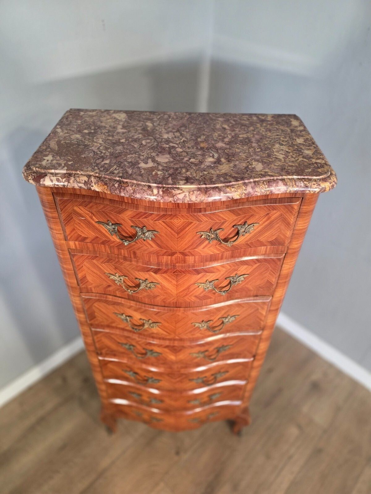 Antique French Inlaid Marble Top 7 Drawer Chest 1930s photo vinterior