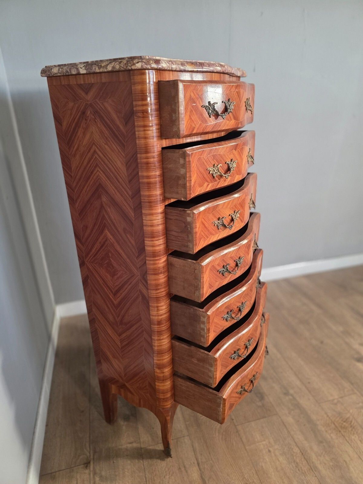 photo furniture Antique French Inlaid Marble Top 7 Drawer Chest 1930s