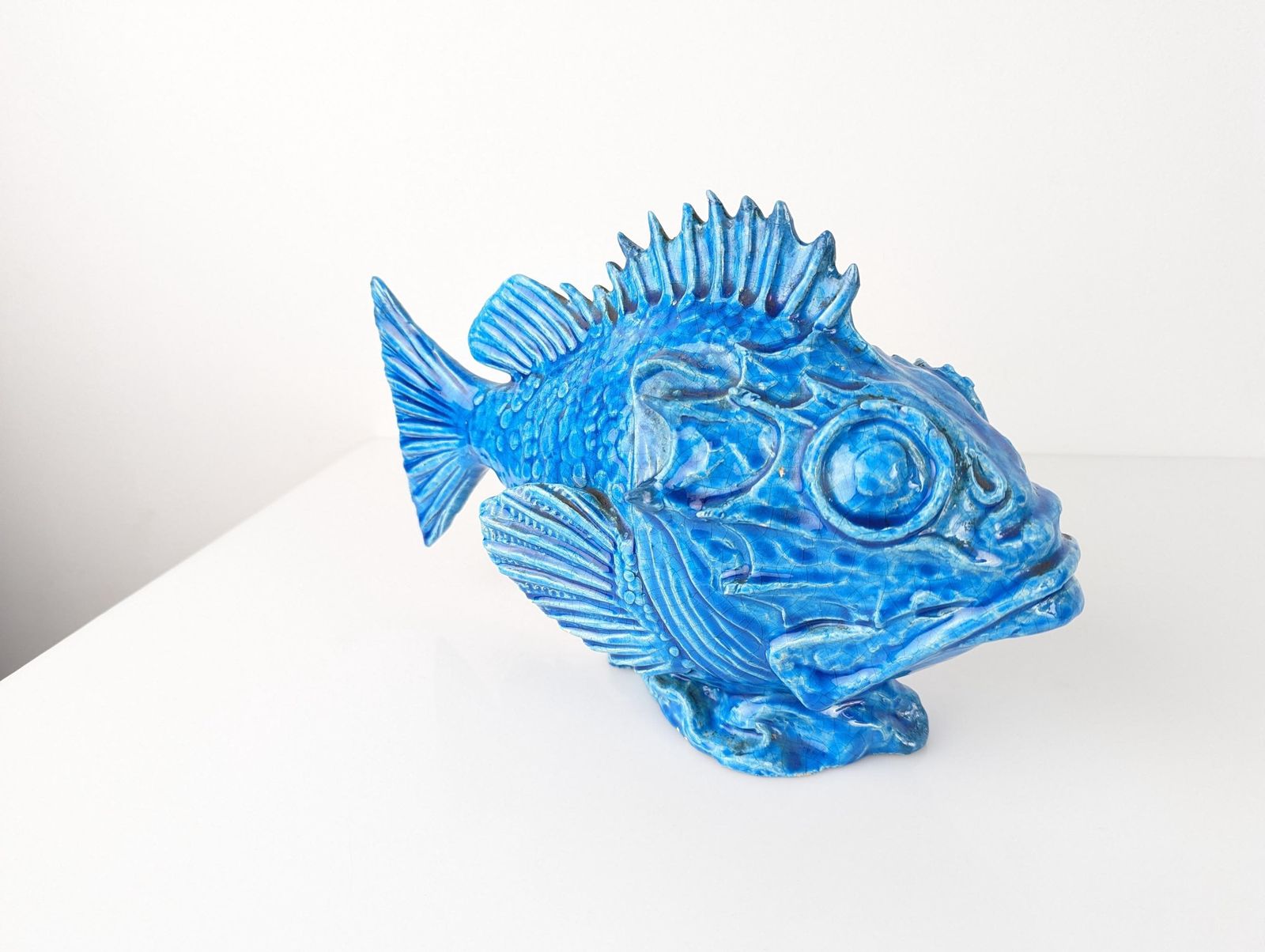 Scorpionfish Sculpture By Guido Cacciapuoti, Blue Glazed, Art Deco, 1930s