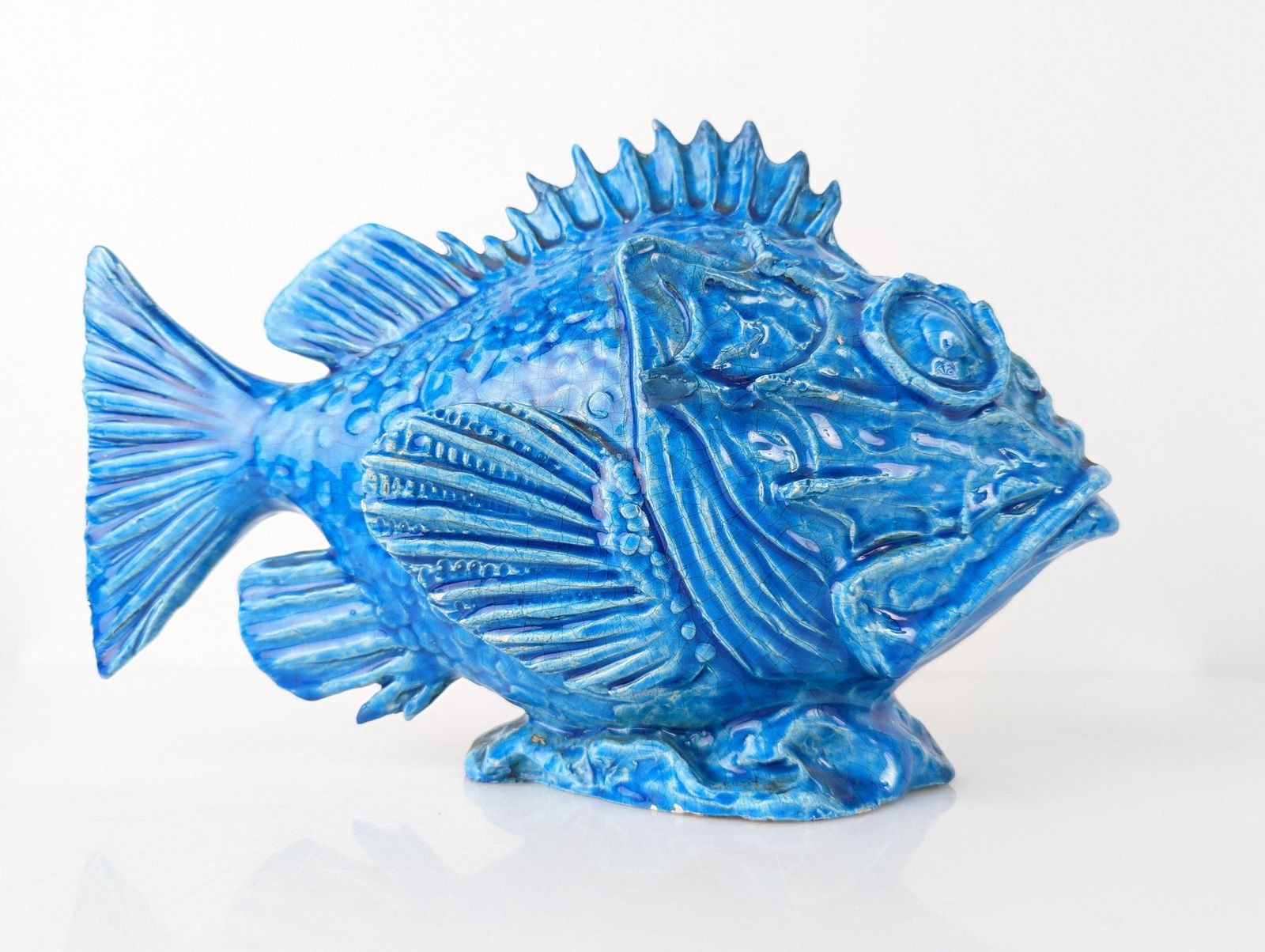 Scorpionfish Sculpture By Guido Cacciapuoti, Blue Glazed, Art Deco, 1930s photo for sale