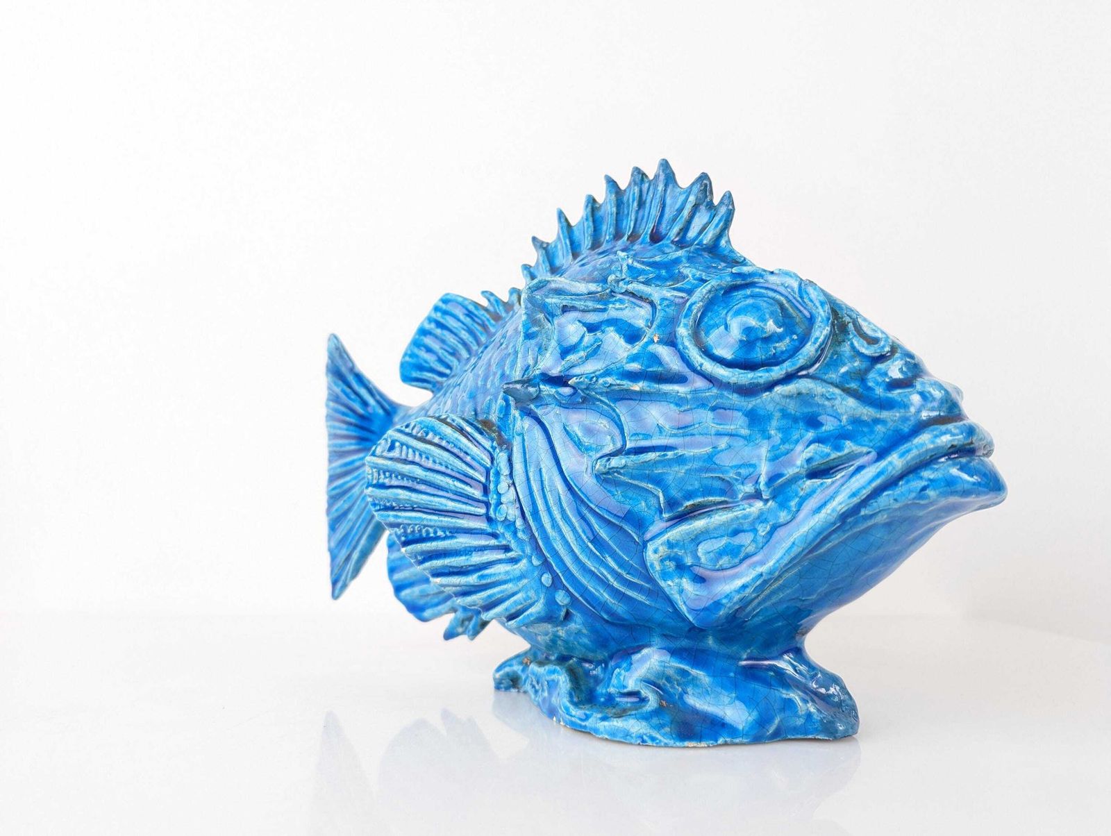 photo for sale Scorpionfish Sculpture By Guido Cacciapuoti, Blue Glazed, Art Deco, 1930s
