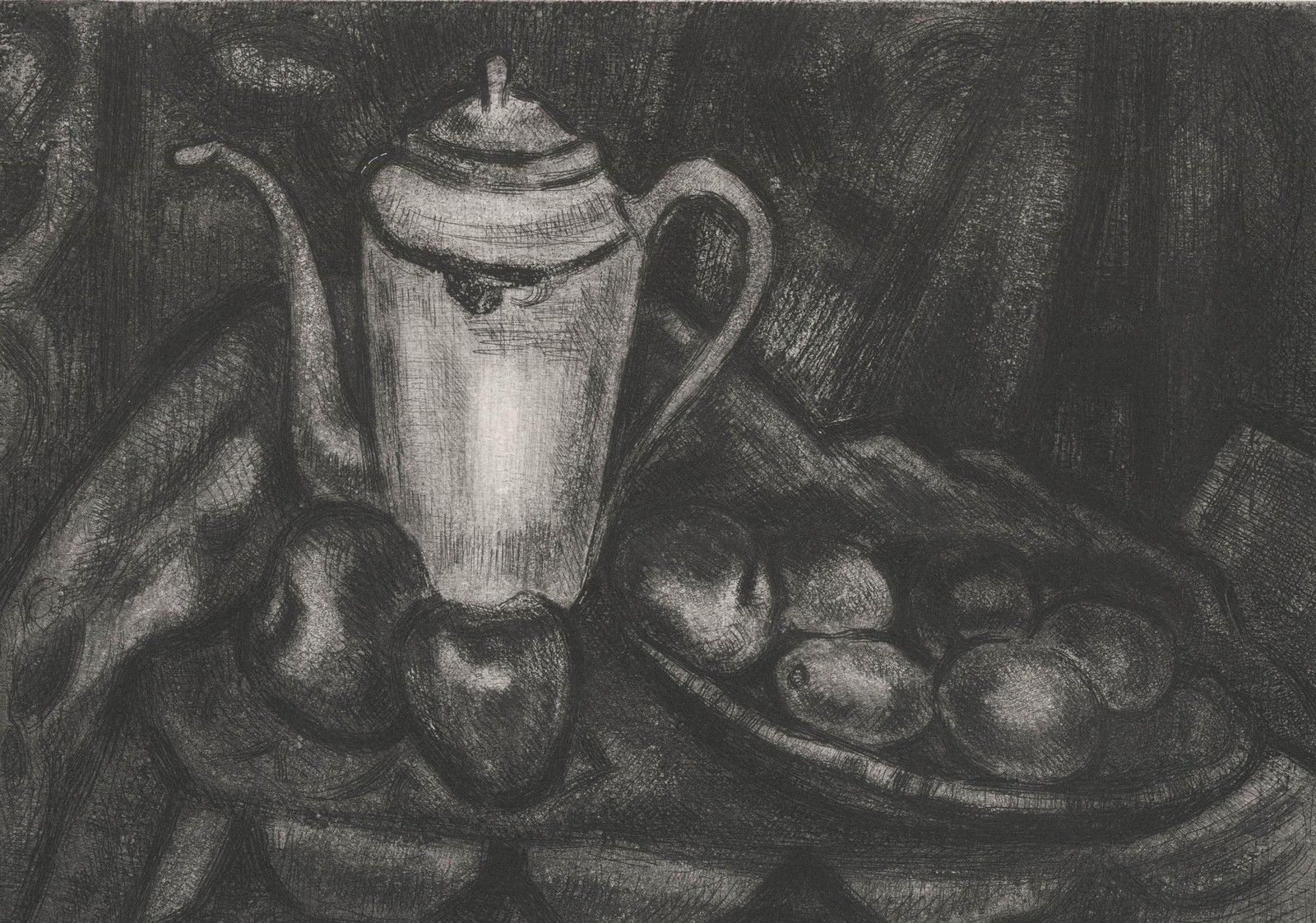 Simon Goldberg (1913 1985) Mid 20th Century Etching, Still Life With White Tea photo furniture