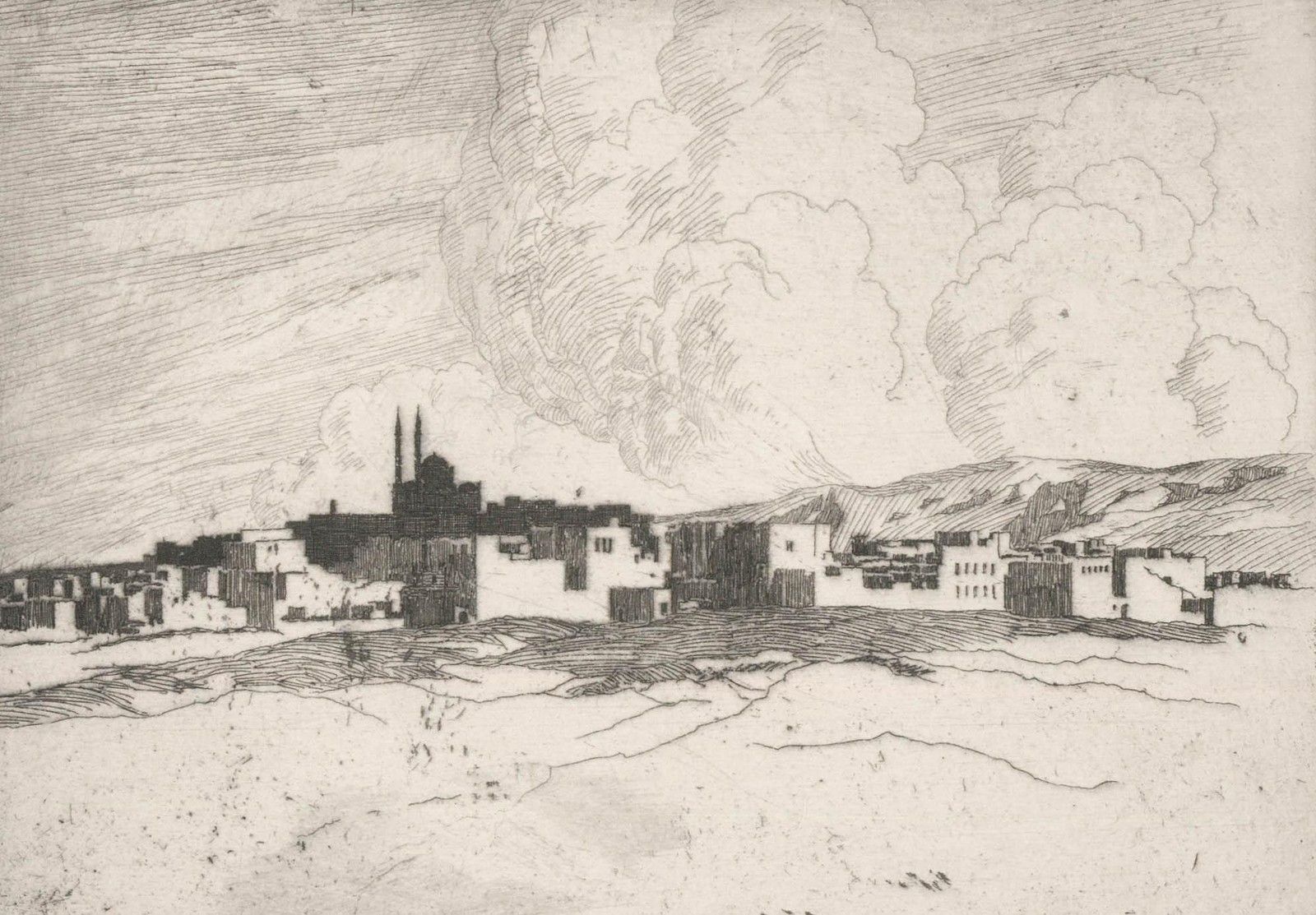 Early 20th Century Etching View Of The City Skyline photo furniture