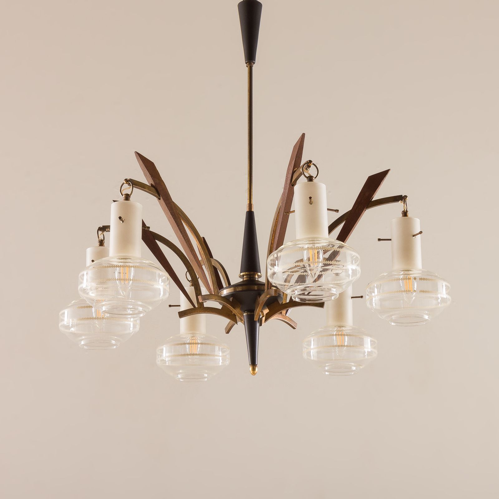 Itailan Mid Century Murano Glass And Teak Chandelier Attr. To Stilnovo, 1960s photo for sale