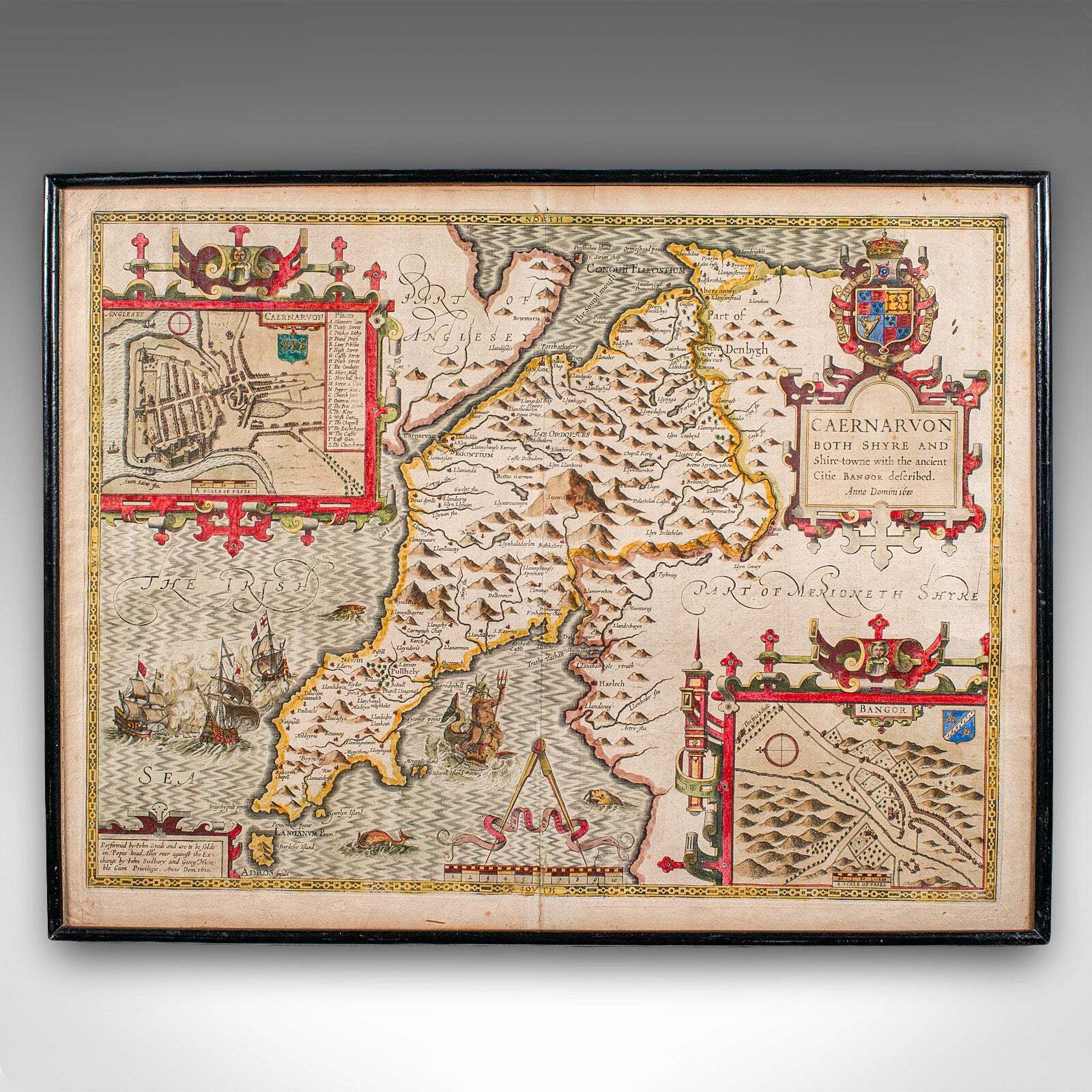Antique Caernarvon Map, Framed Cartography, Welsh County, John Speed, Circa 1610 photo furniture