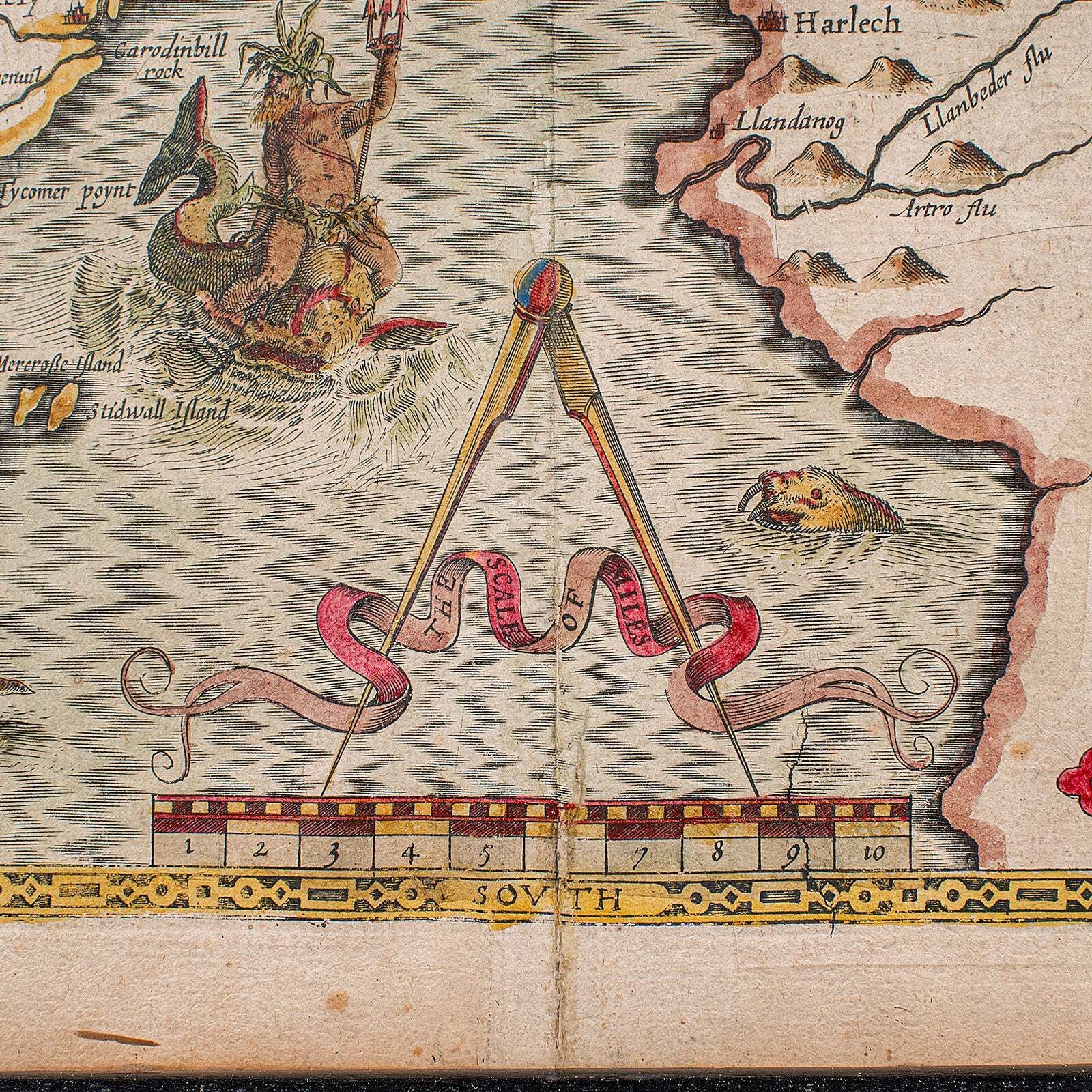 photo for sale Antique Caernarvon Map, Framed Cartography, Welsh County, John Speed, Circa 1610