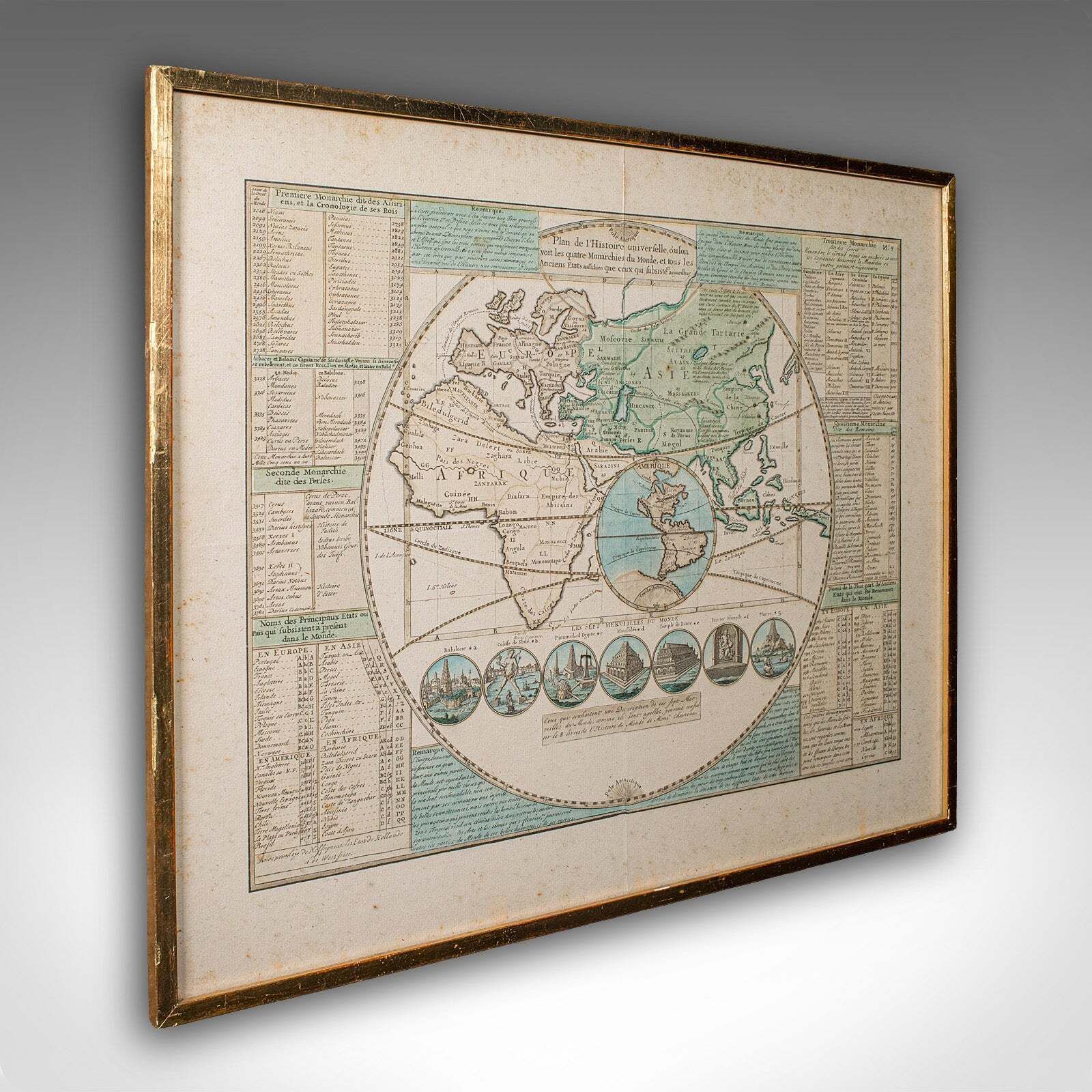 Antique Plan De L'historie Universelle World Map, Framed Cartography, Circa 1730