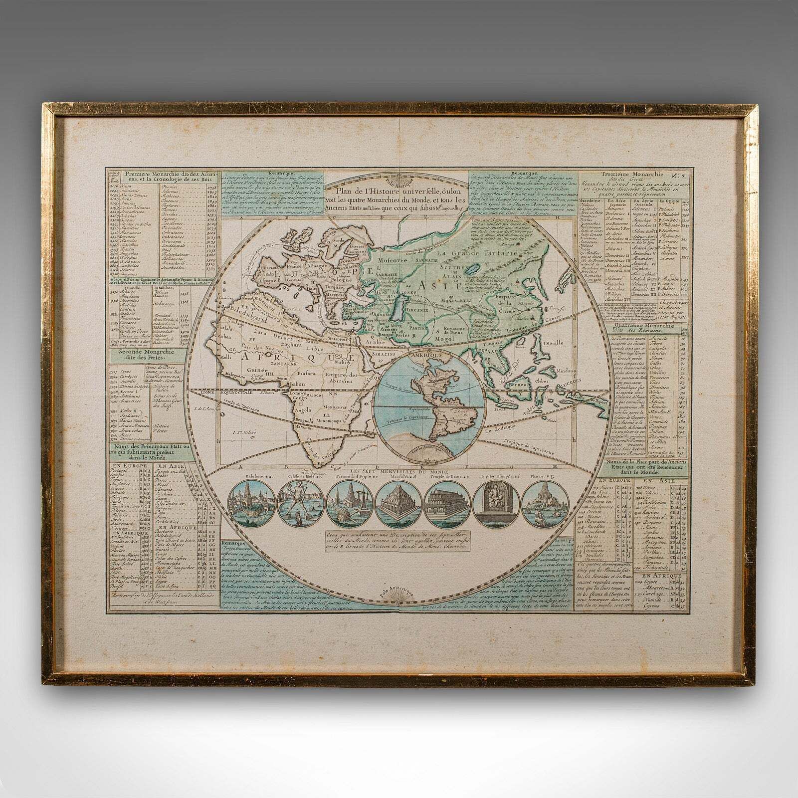 Antique Plan De L'historie Universelle World Map, Framed Cartography, Circa 1730 photo furniture