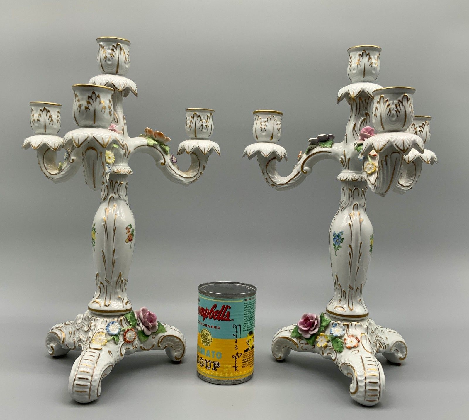 Pair Beautiful Rococo Style Floral Porcelain 4 Branch Candelabra Candlesticks photo furniture
